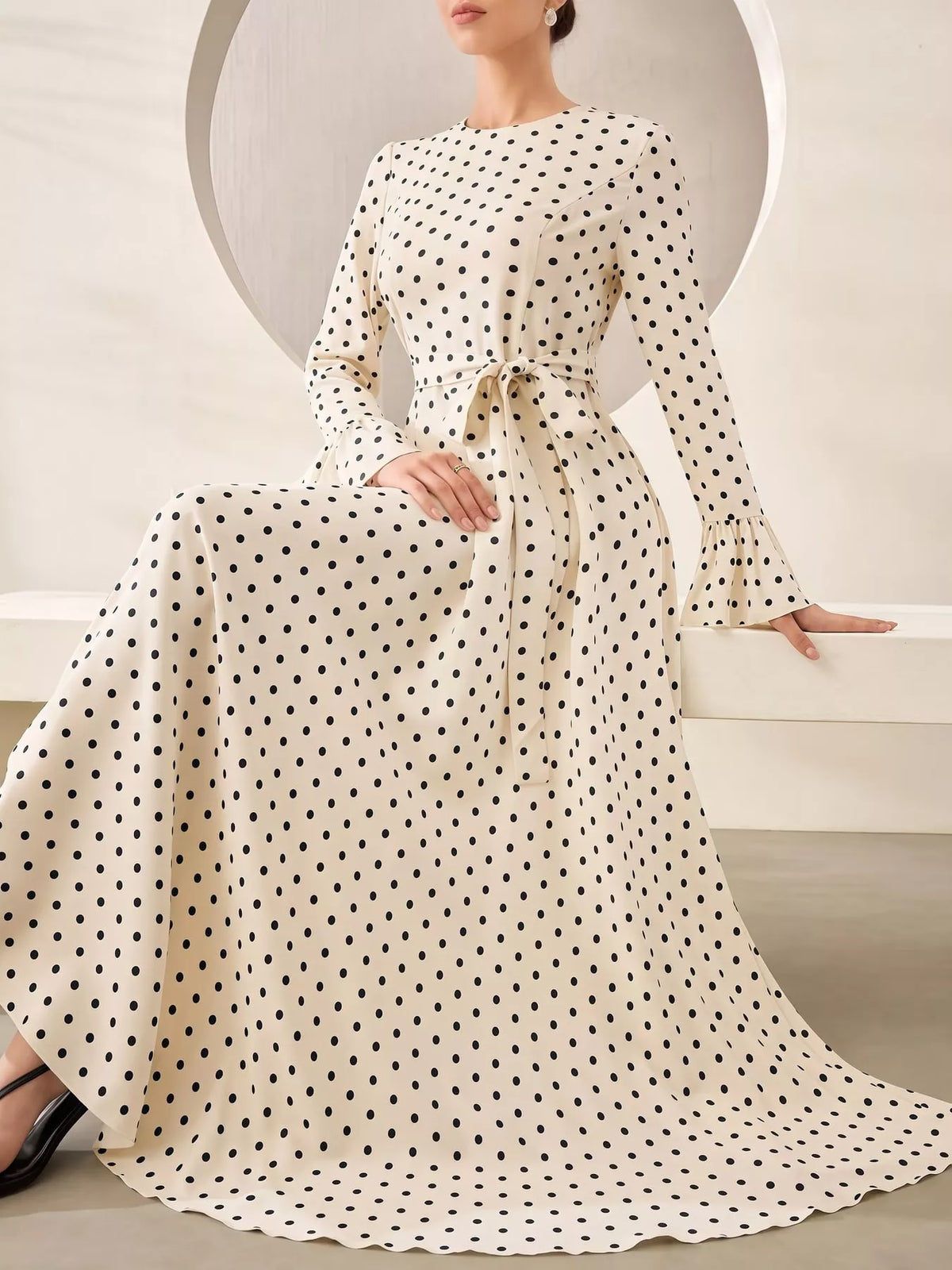 Polka Dot Long Sleeve Maxi Dress with Waist Tie in cream and black
