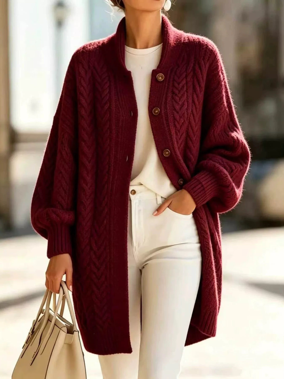 Burgundy longline cable-knit button-front cardigan, front view.