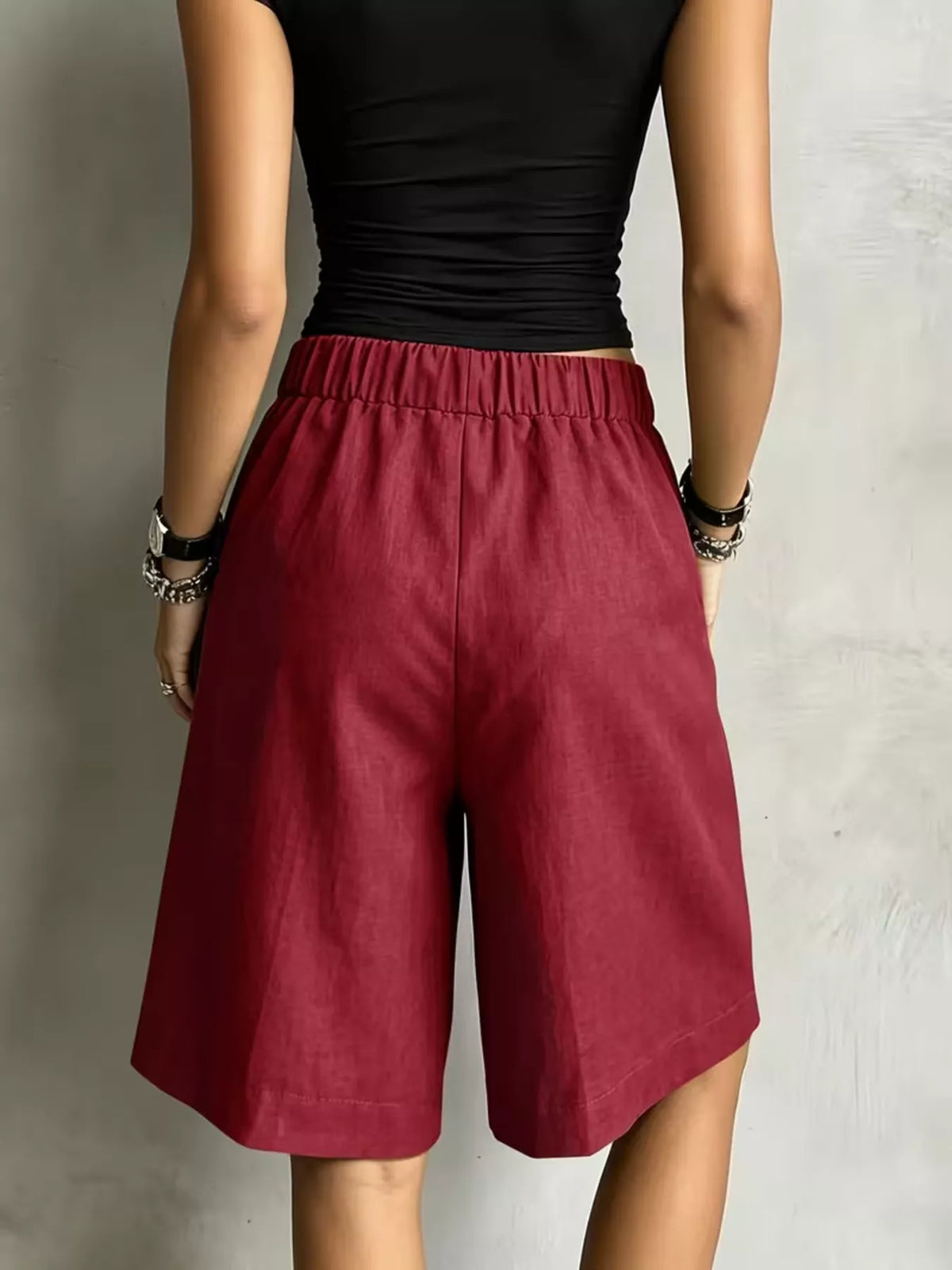 Red drawstring shorts, back view