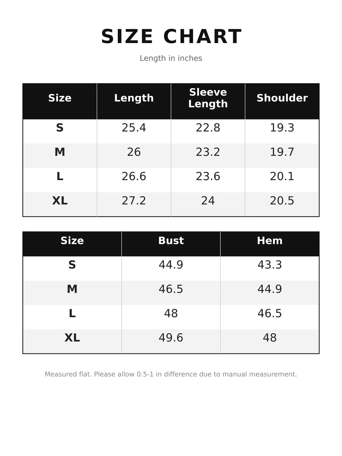 Size chart for striped long sleeve quarter-zip T-shirt