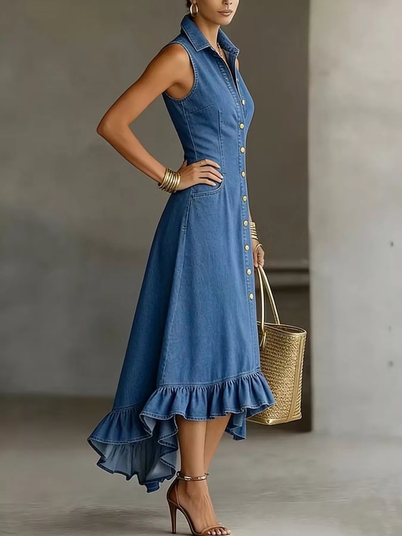Trendsi Full Size Sleeveless Ruffled Hem Denim Dress Plus Size -