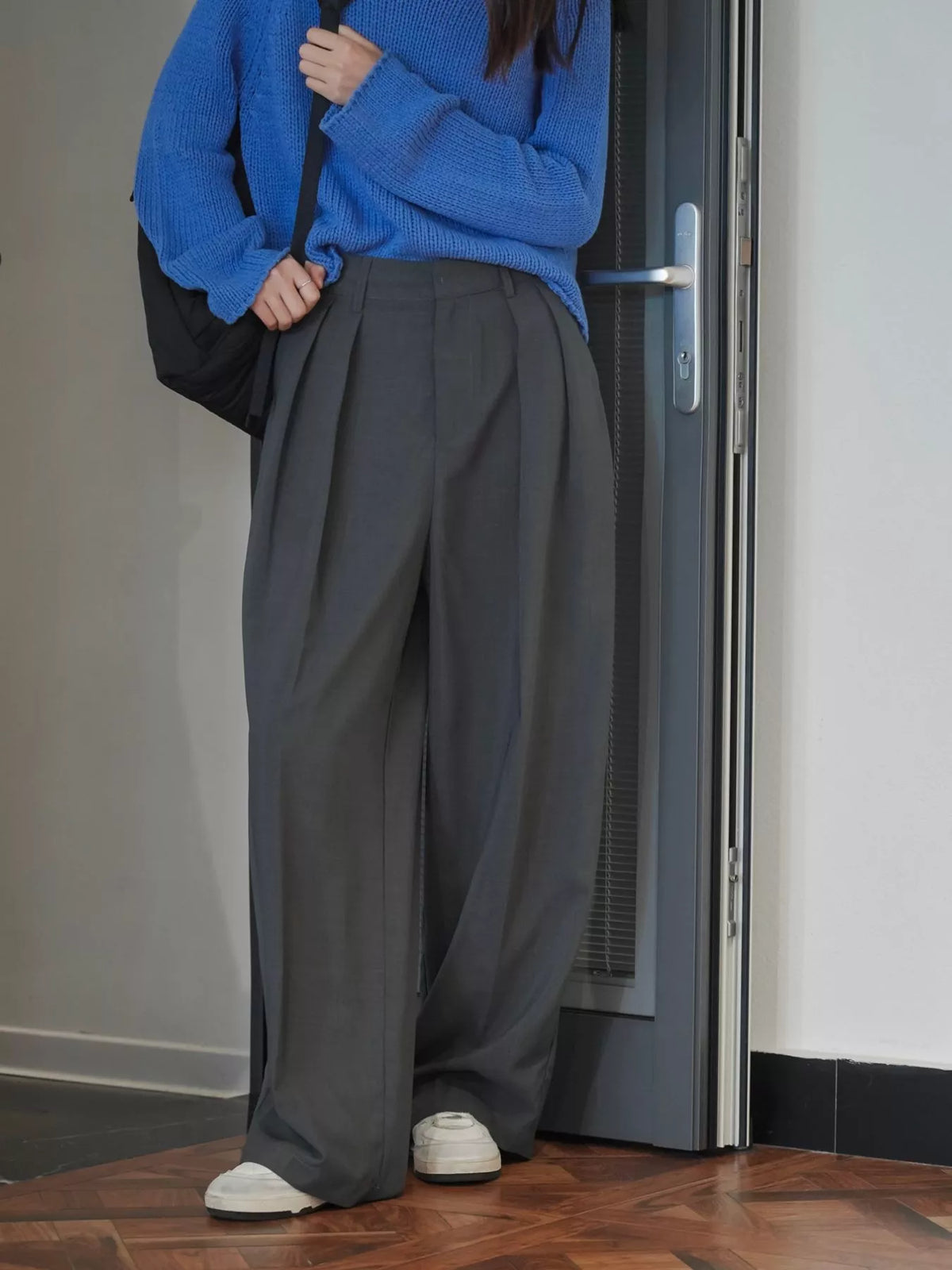 Women's High-Waisted Pleated Wide-Leg Pants in gray — front view