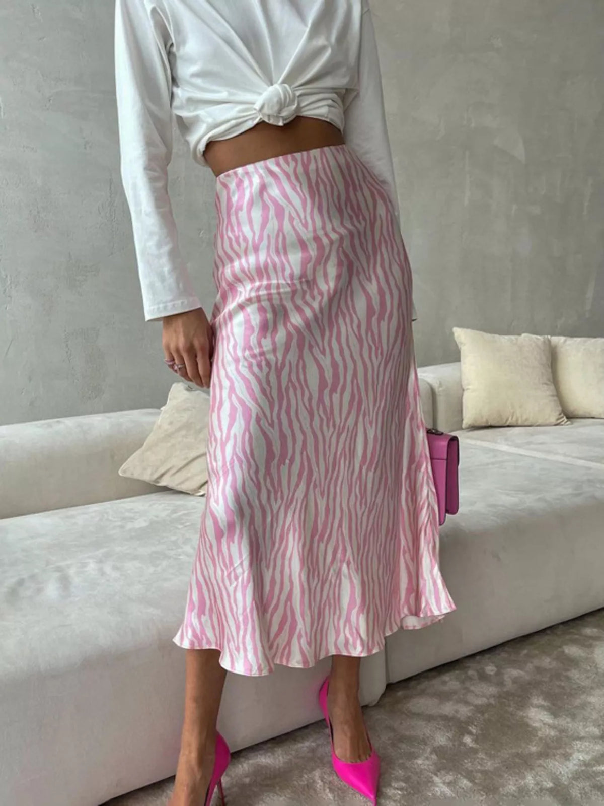 Trendsi Satin Zebra Print Midi Skirt -