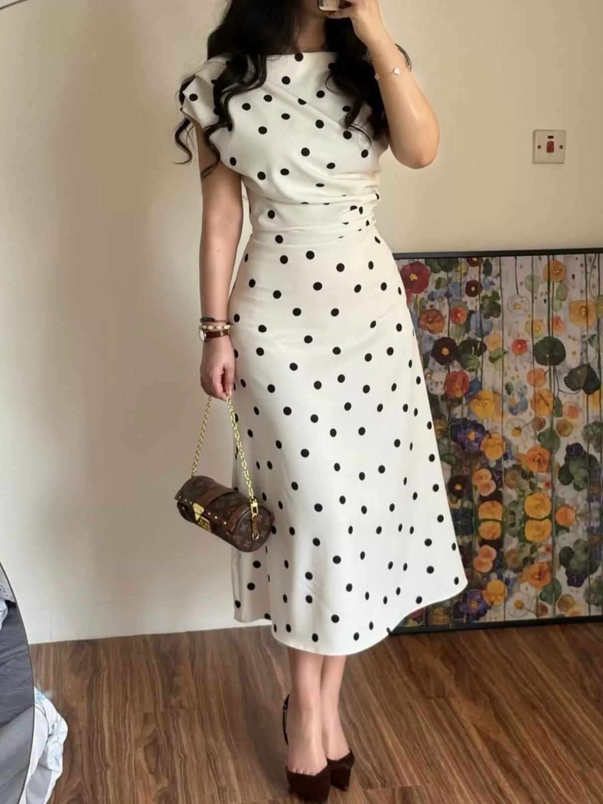 Cowl neck cap sleeve midi dress, front view on model