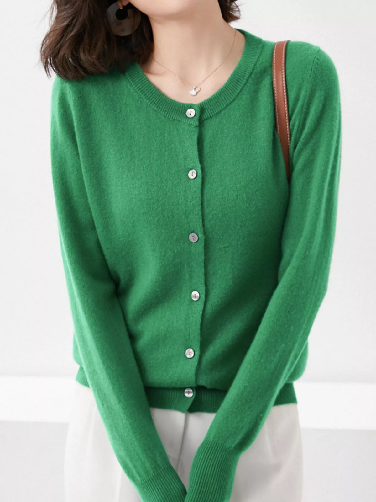 Green crew neck button-front cardigan