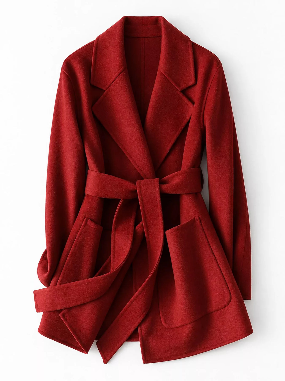 Red belted double-sided wool coat