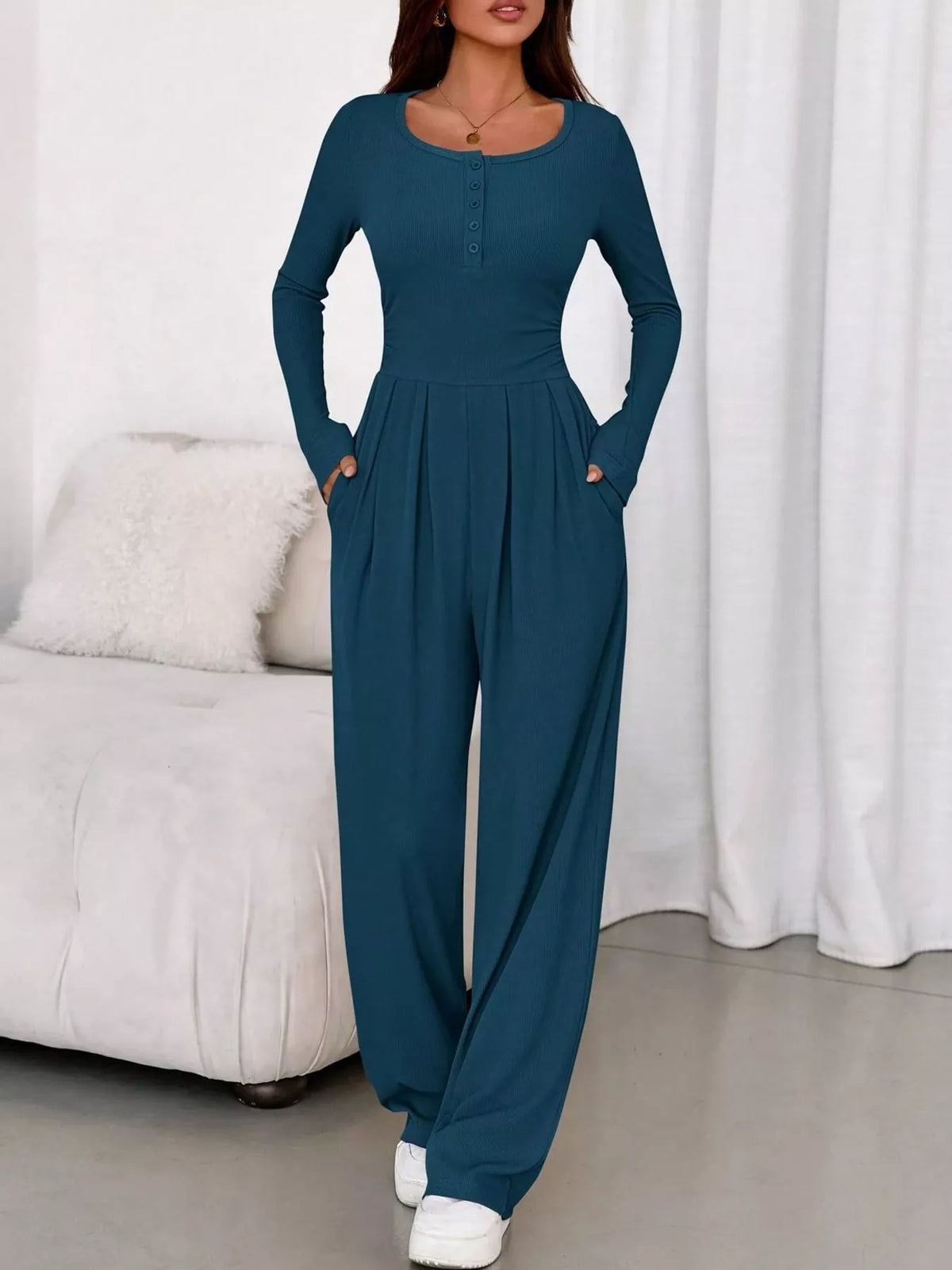 Long Sleeve Ribbed Knit Wide-Leg Jumpsuit — front view