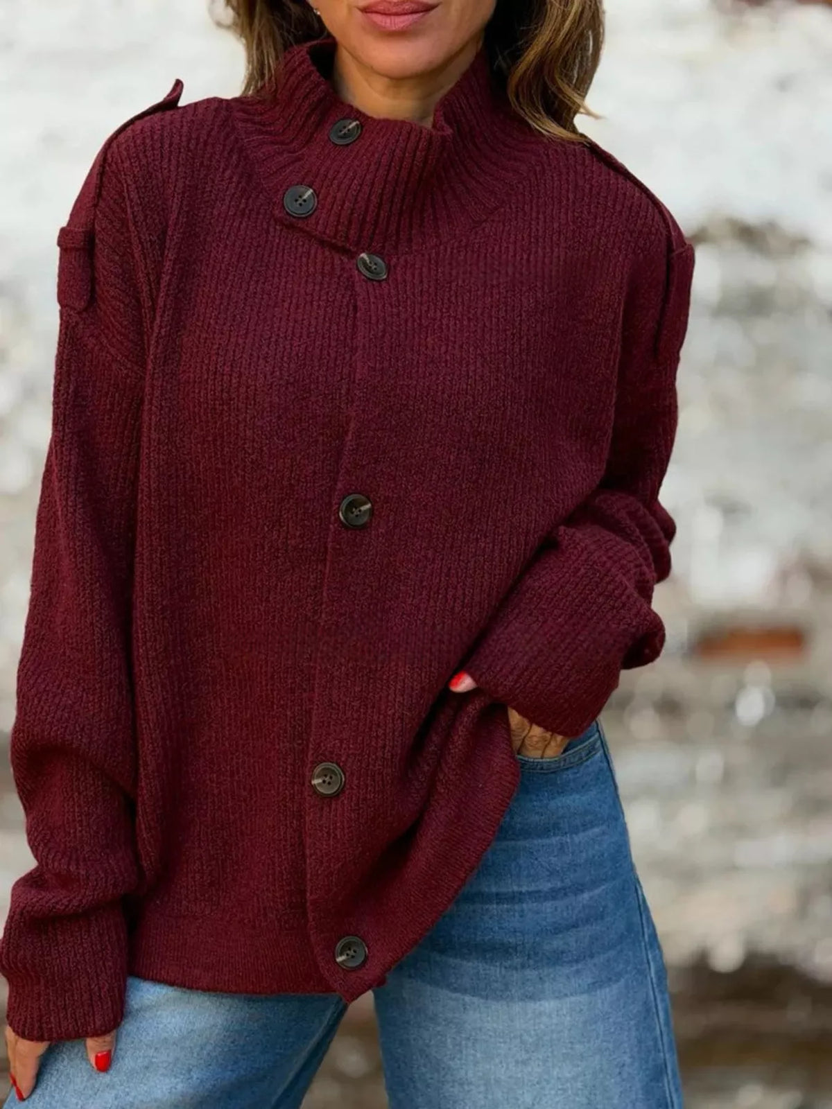 Button-Up Mock Neck Cardigan in burgundy, front view
