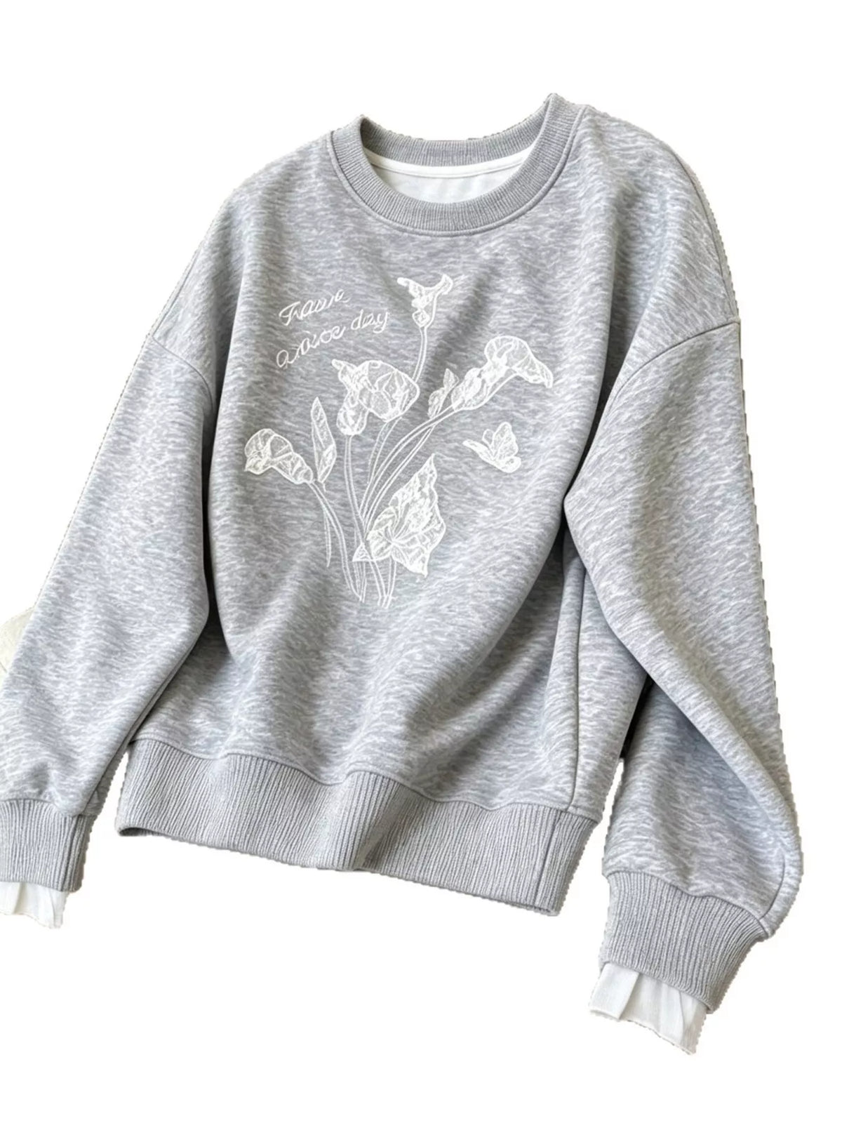 Gray Floral Crew Neck Sweatshirt back view