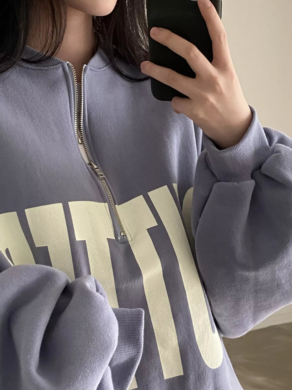 Women's Half-Zip Letter Graphic Sweatshirt in purple — neckline detail view