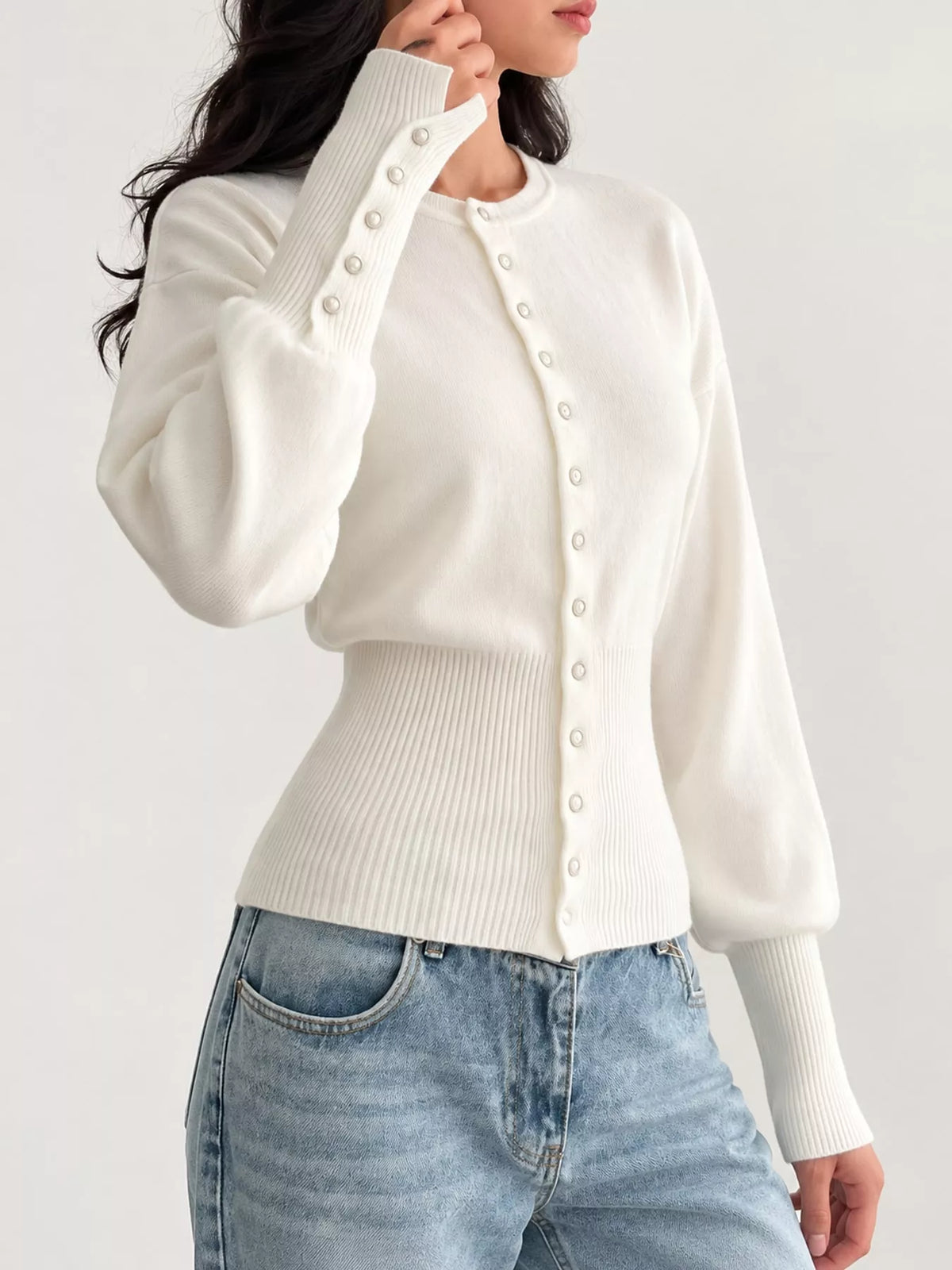 White button up ribbed waist cardigan