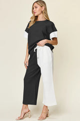 Trendsi Double Take Full Size Texture Contrast T-Shirt and Wide Leg Pants Set -