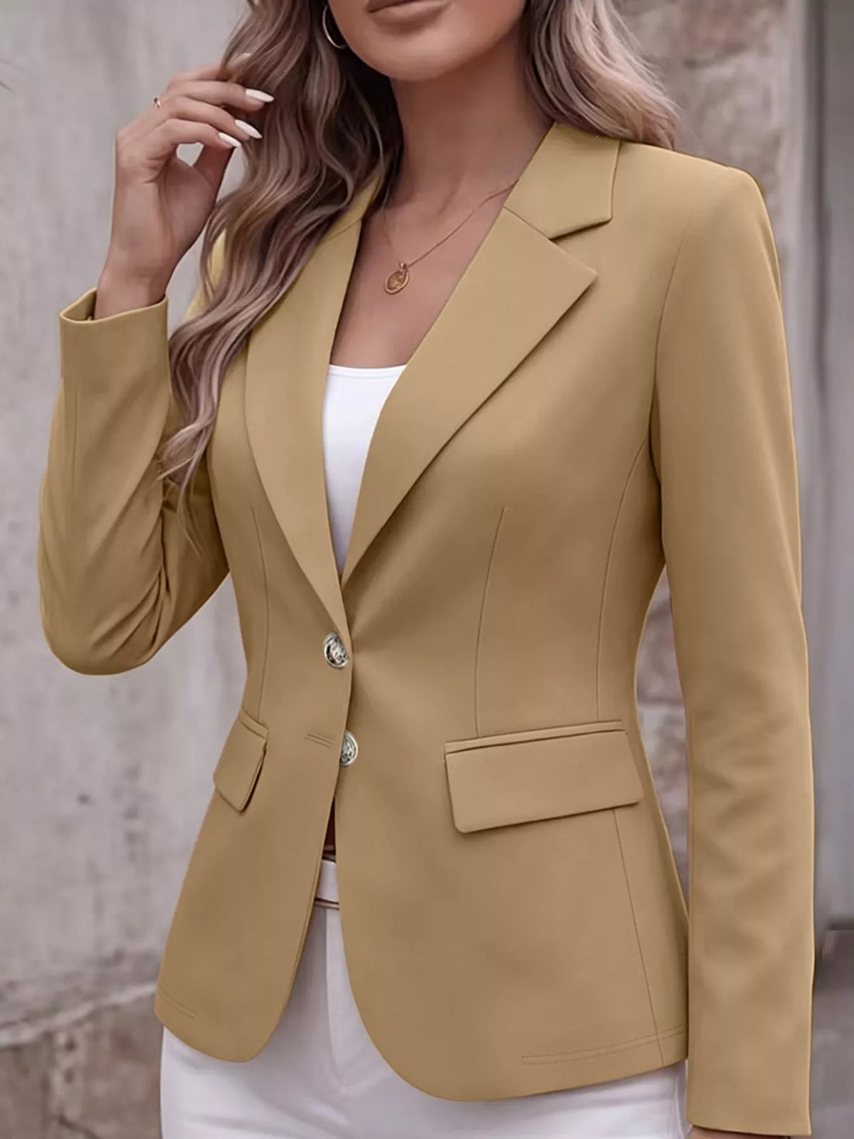 Collared long sleeve blazer, front view on model