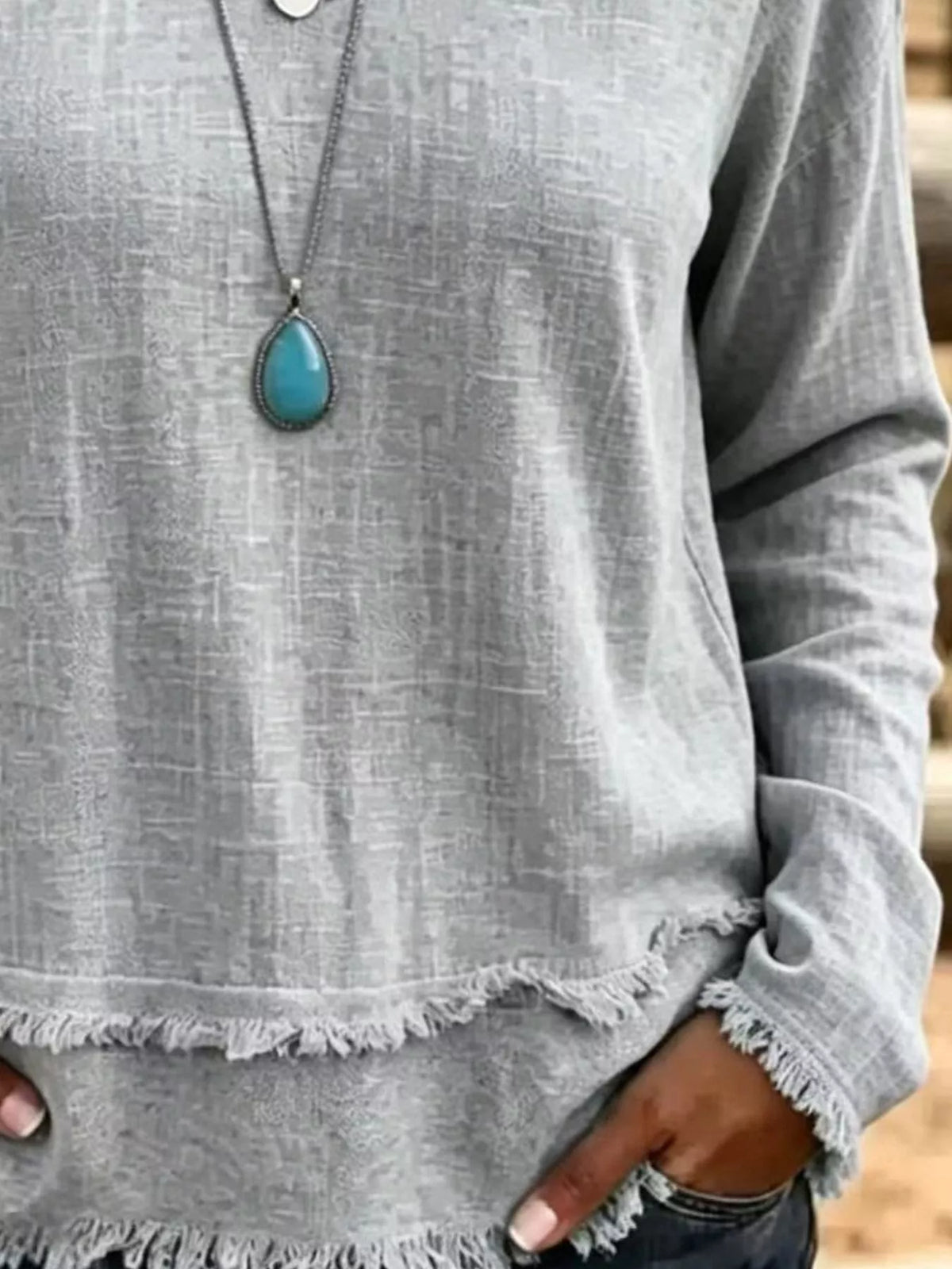 Trendsi V-Neck Frayed Hem Long Sleeve T-Shirt -