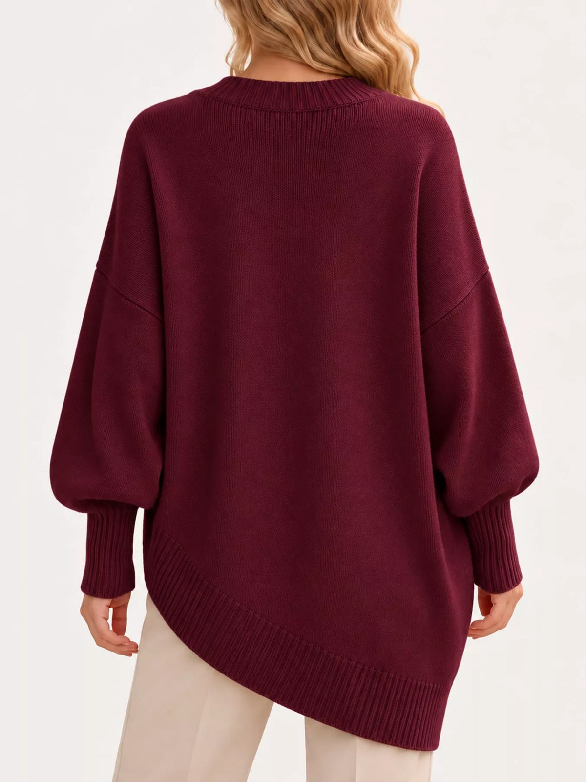 Ribbed Knit Dropped Shoulder Sweater, back view in burgundy