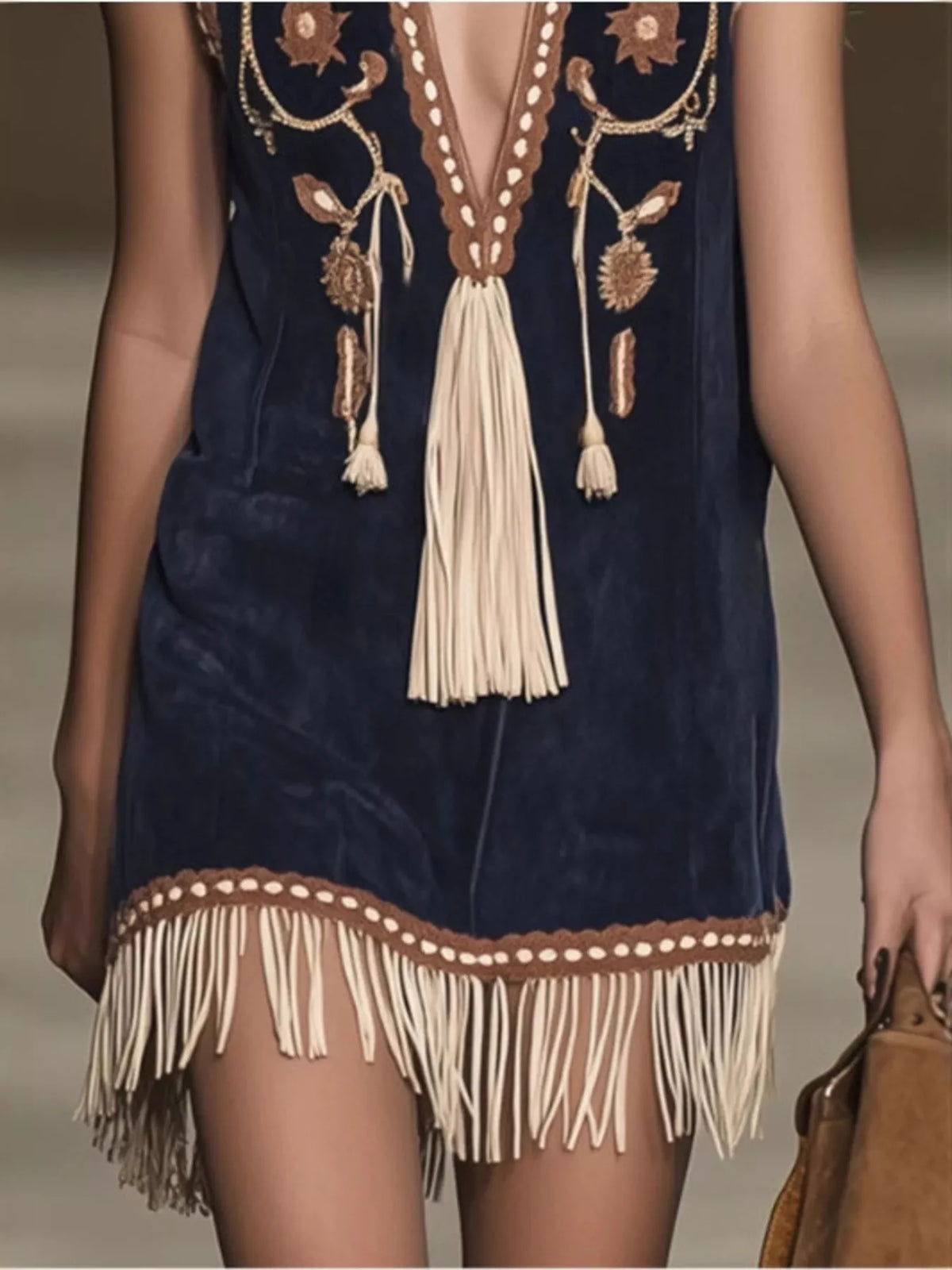 Embroidered fringe-hem sleeveless dress