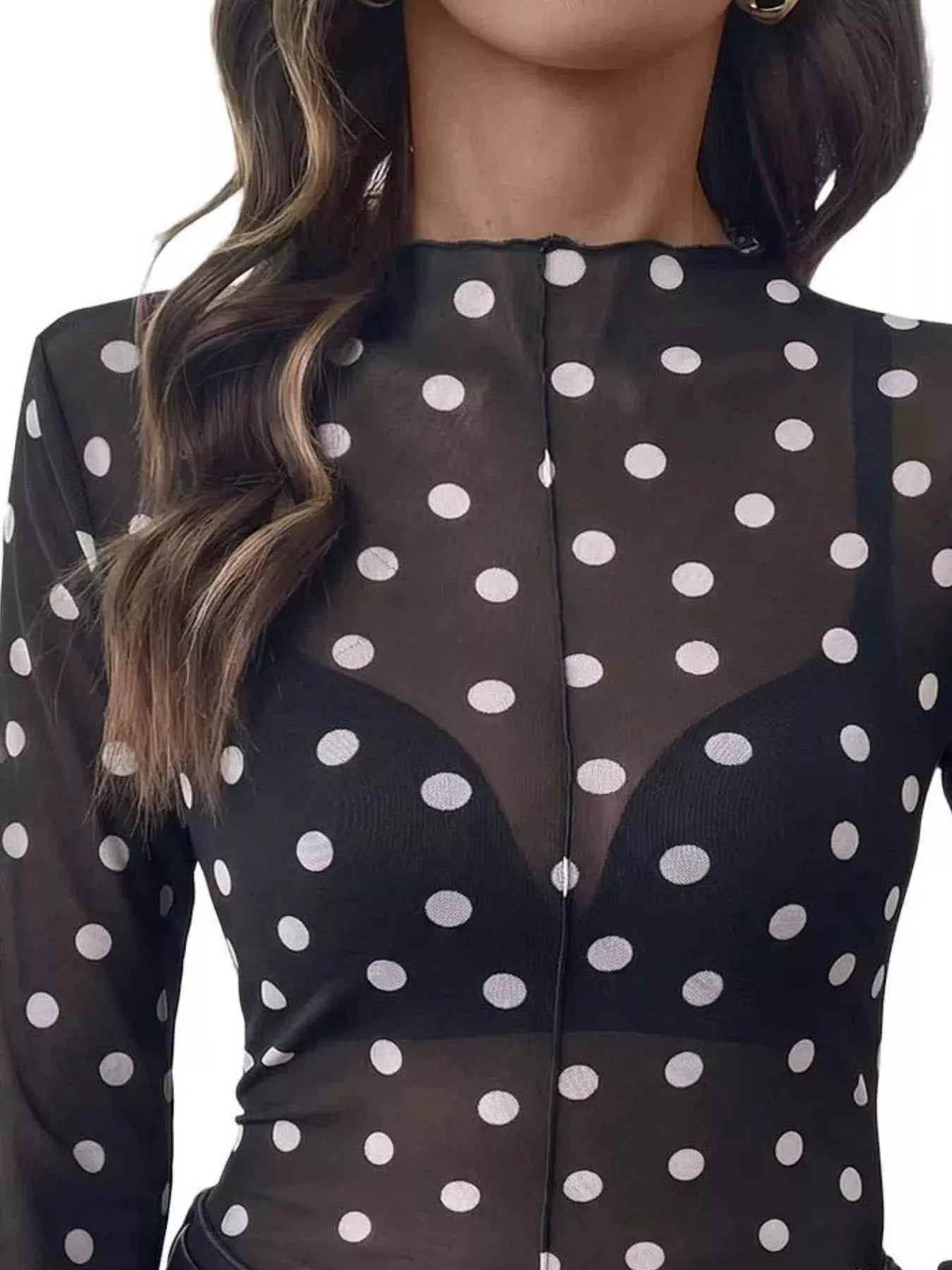 Trendsi Sheer Polka Dot Long Sleeve Mock Neck Top -