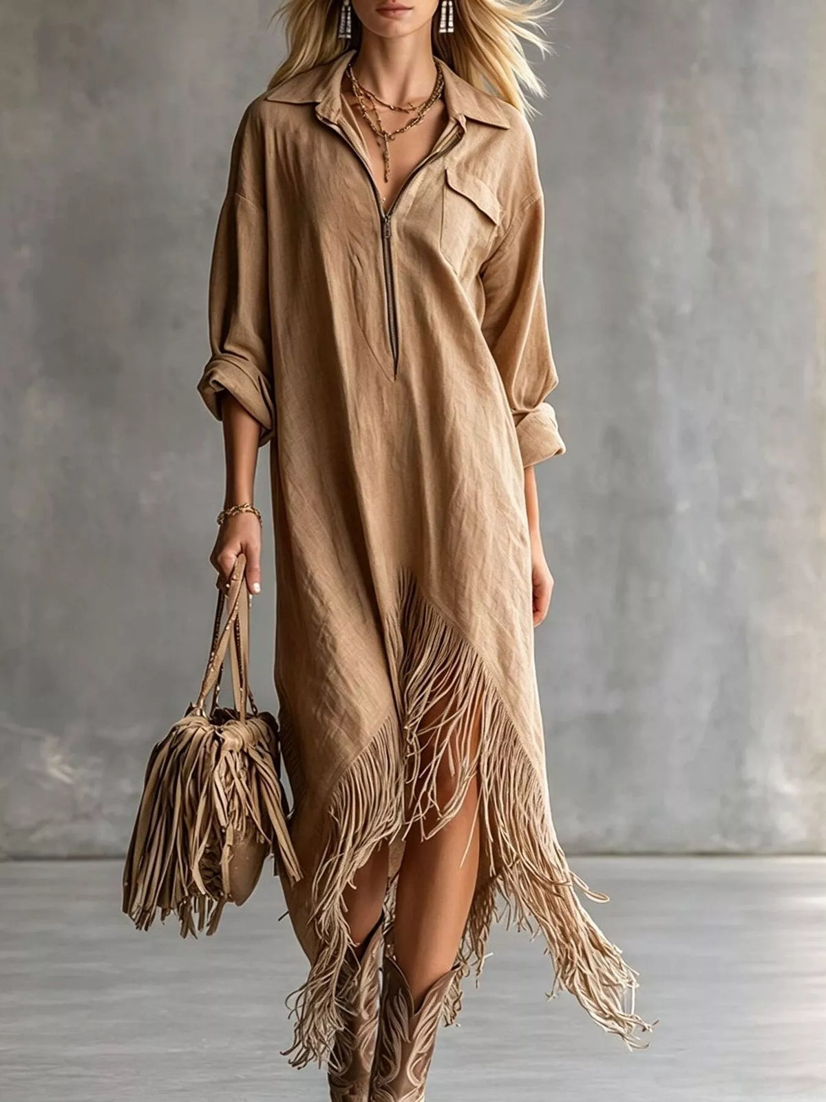 Zipper-Front Fringe Hem Midi Dress in brown, front view