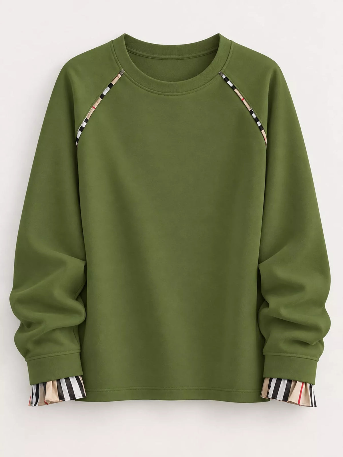 Plaid-trim sweatshirt, green flat lay