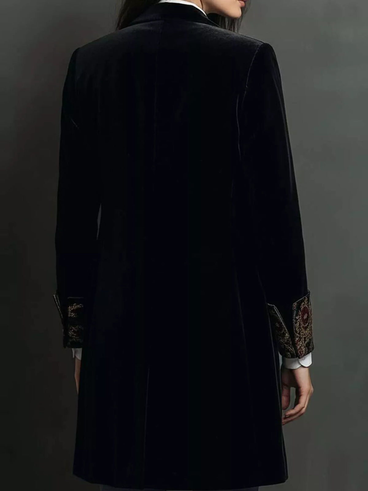 Black (with Lining) floral lapels and cuffs velvet blazer, back view