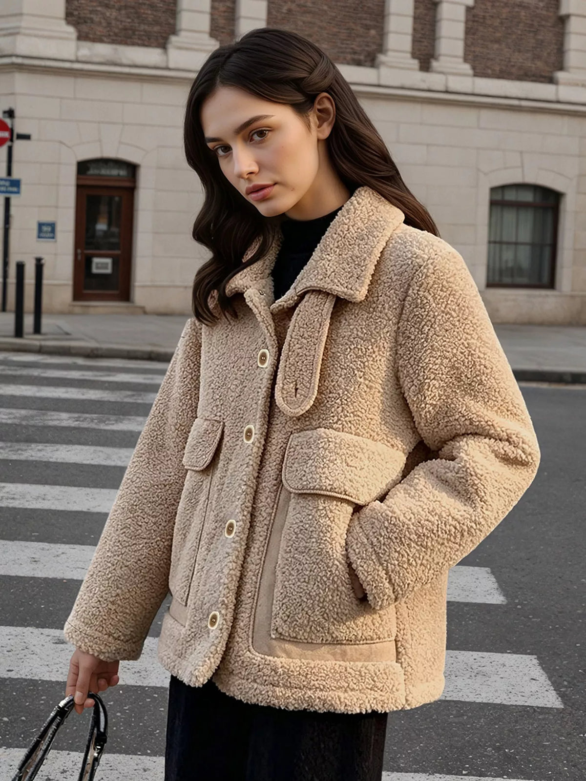 Camel Color Sherpa Button-Up Outerwear side view