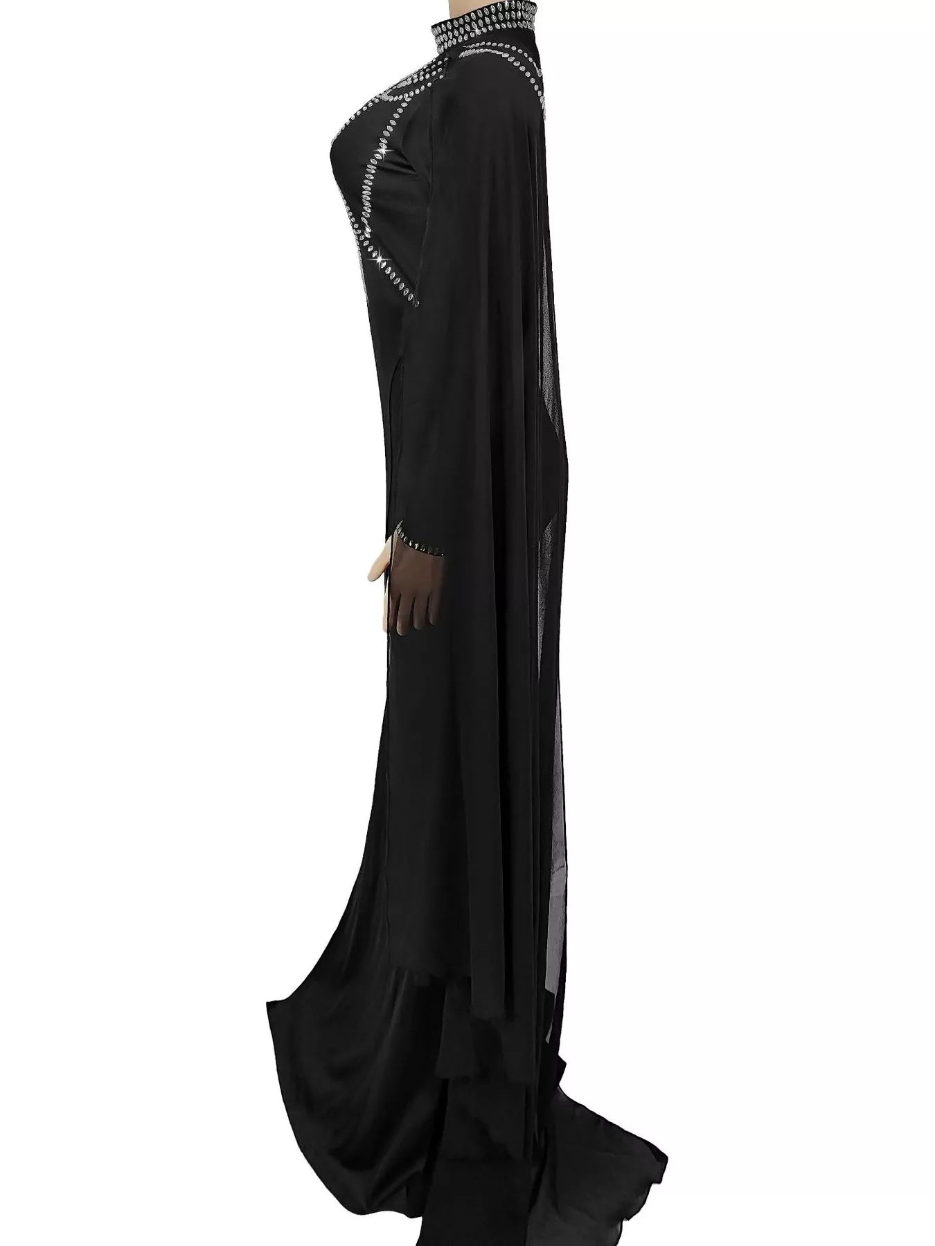 Trendsi Rhinestone Slit Maxi Dress with Sheer Cape Sleeves -