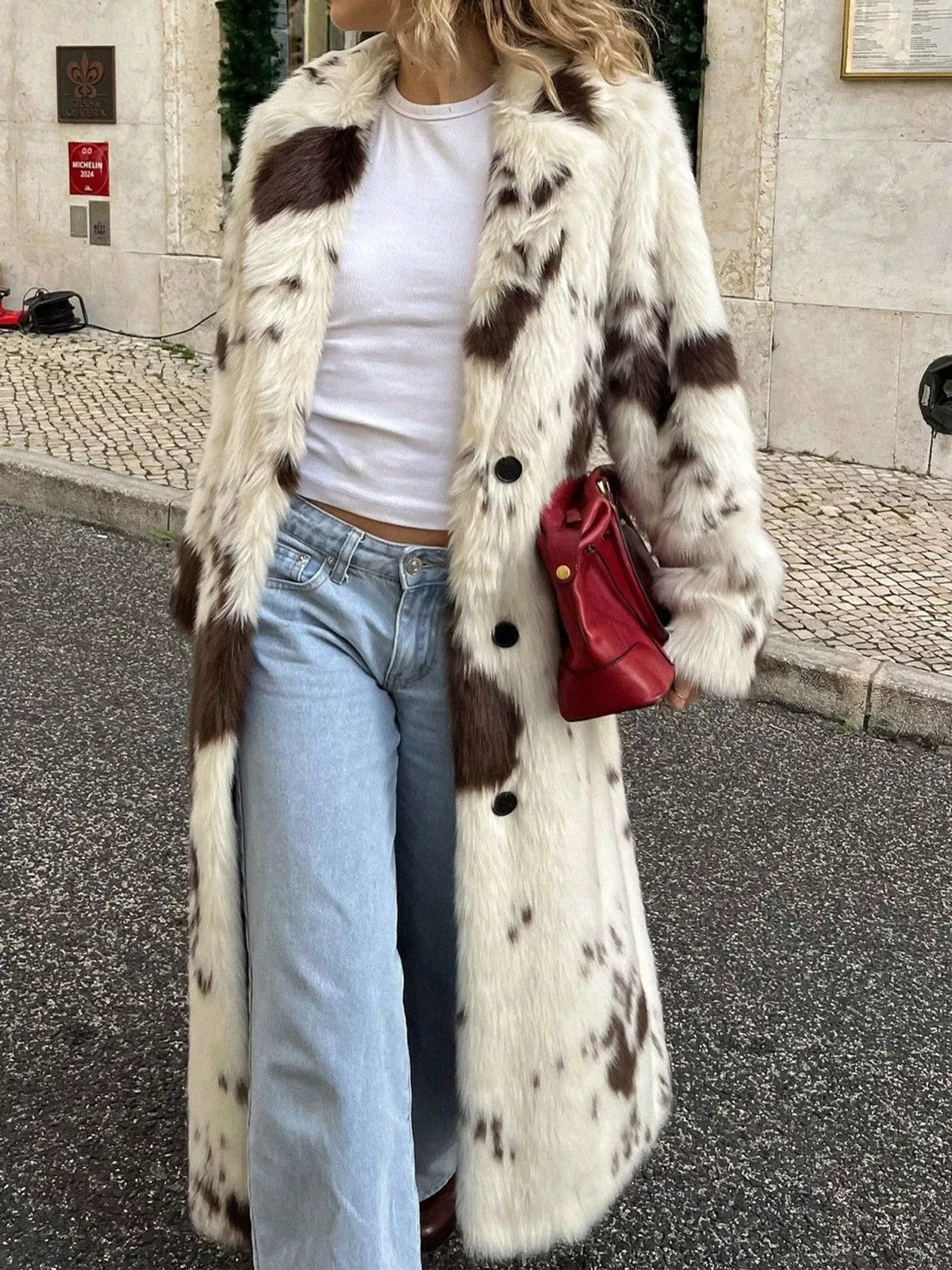 Cow Print Faux Fur Longline Coat in animal print