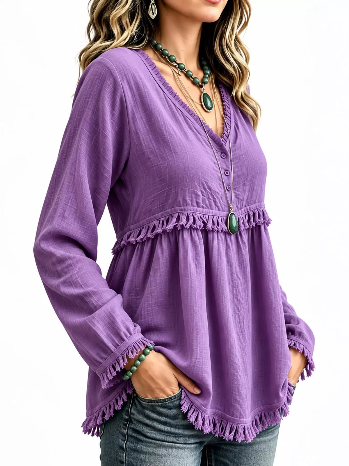 Fringe-trim blouse, purple side