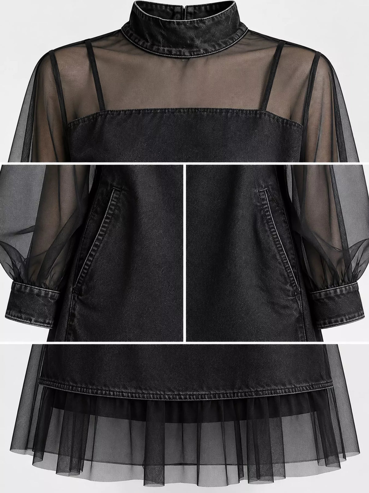 Women's Mock Neck Sheer Mesh Patchwork Denim Dress in black — detail collage view