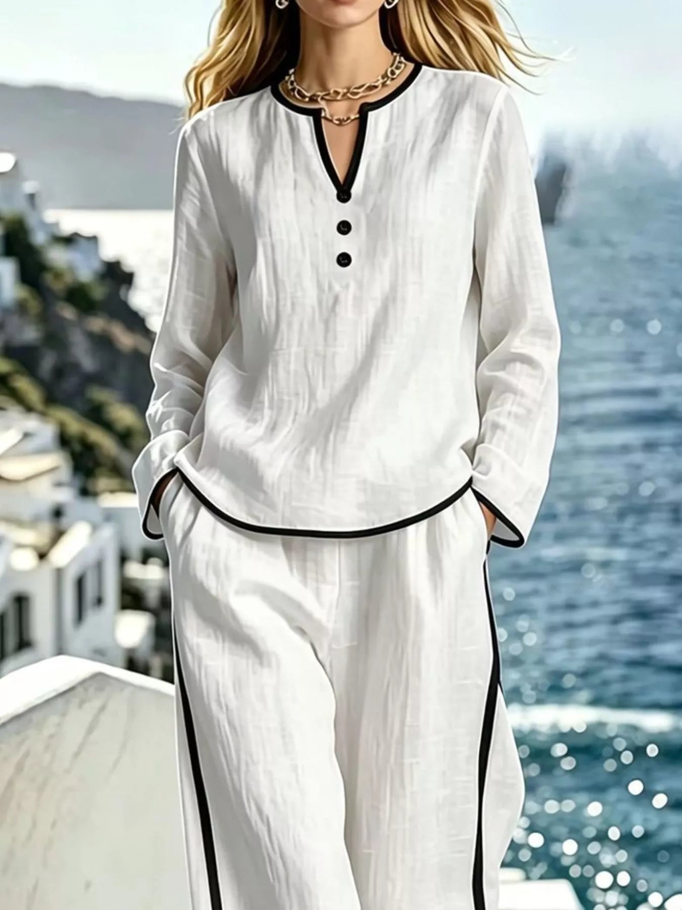 Trendsi Contrast Trim Long Sleeve Top and Pants Set -