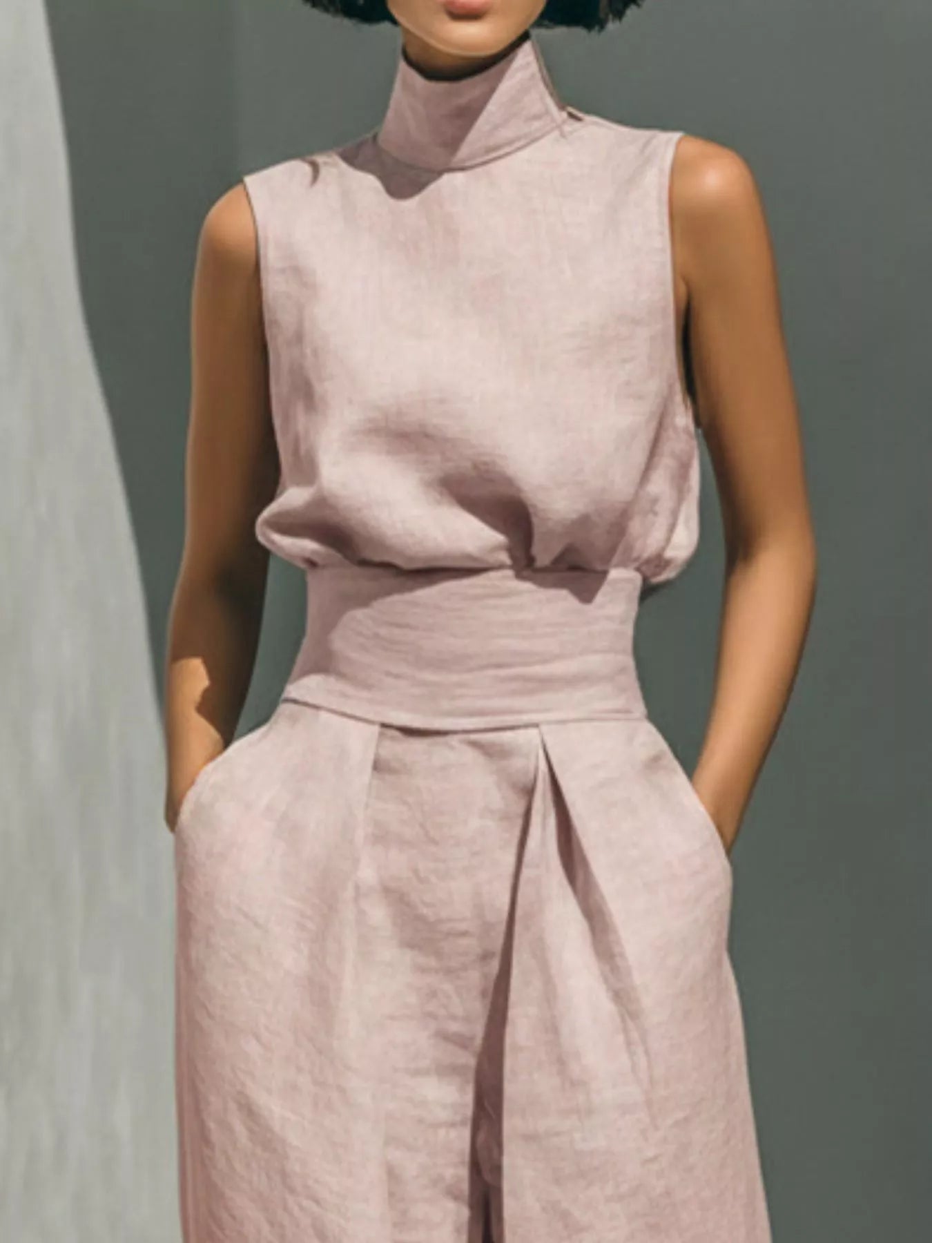 Turtleneck sleeveless top and wide-leg pants set