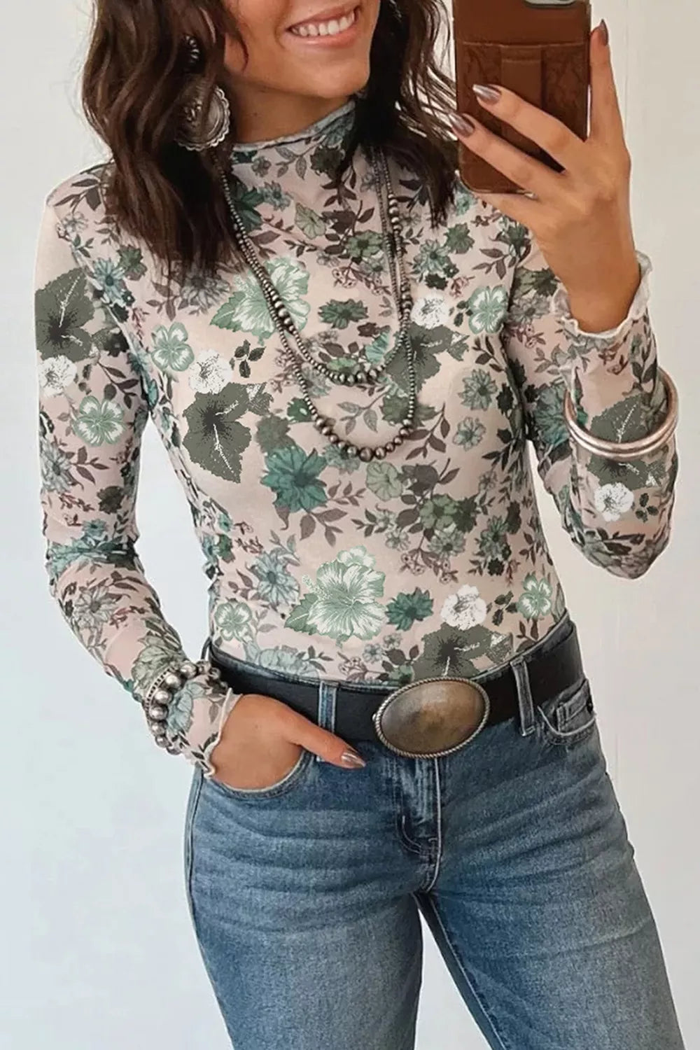 Trendsi Floral Print Mesh Mock Neck Long Sleeve Top -