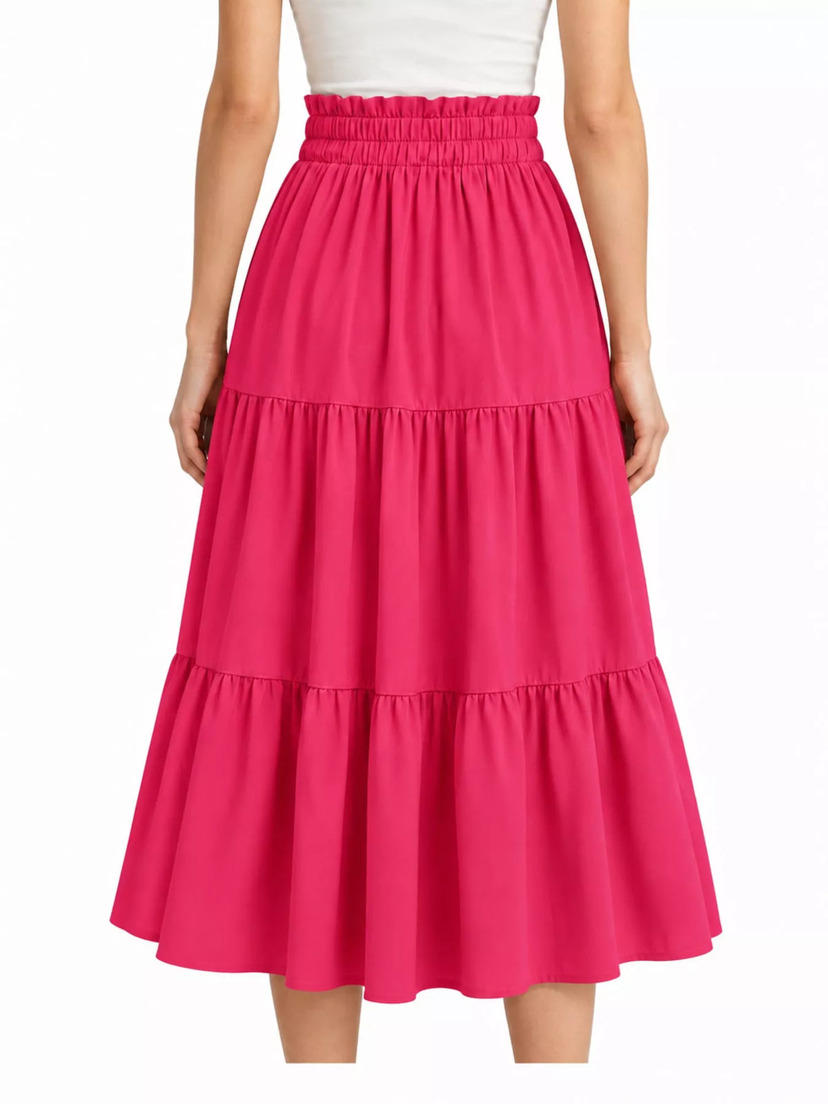 Pink drawstring tiered skirt — back view