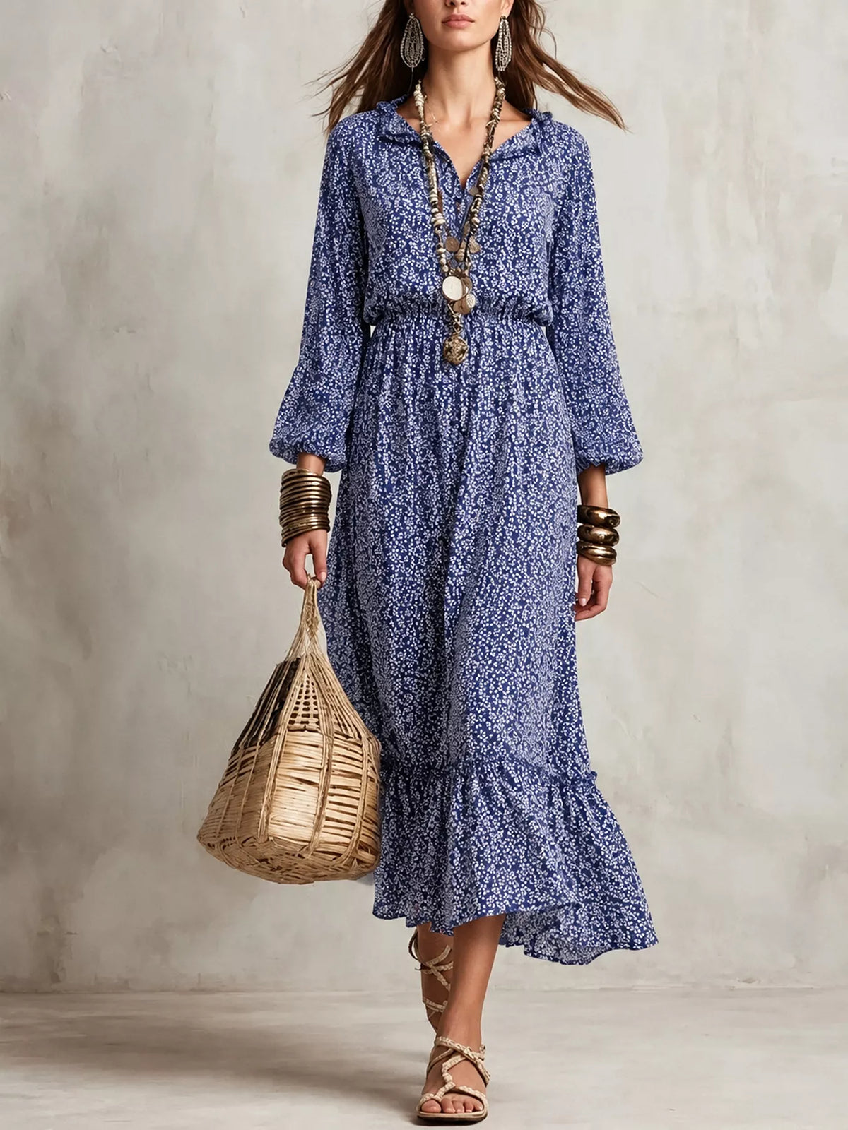 Women's Floral Print Long-Sleeve Ruffle Hem Midi Dress in Royal Blue, front view