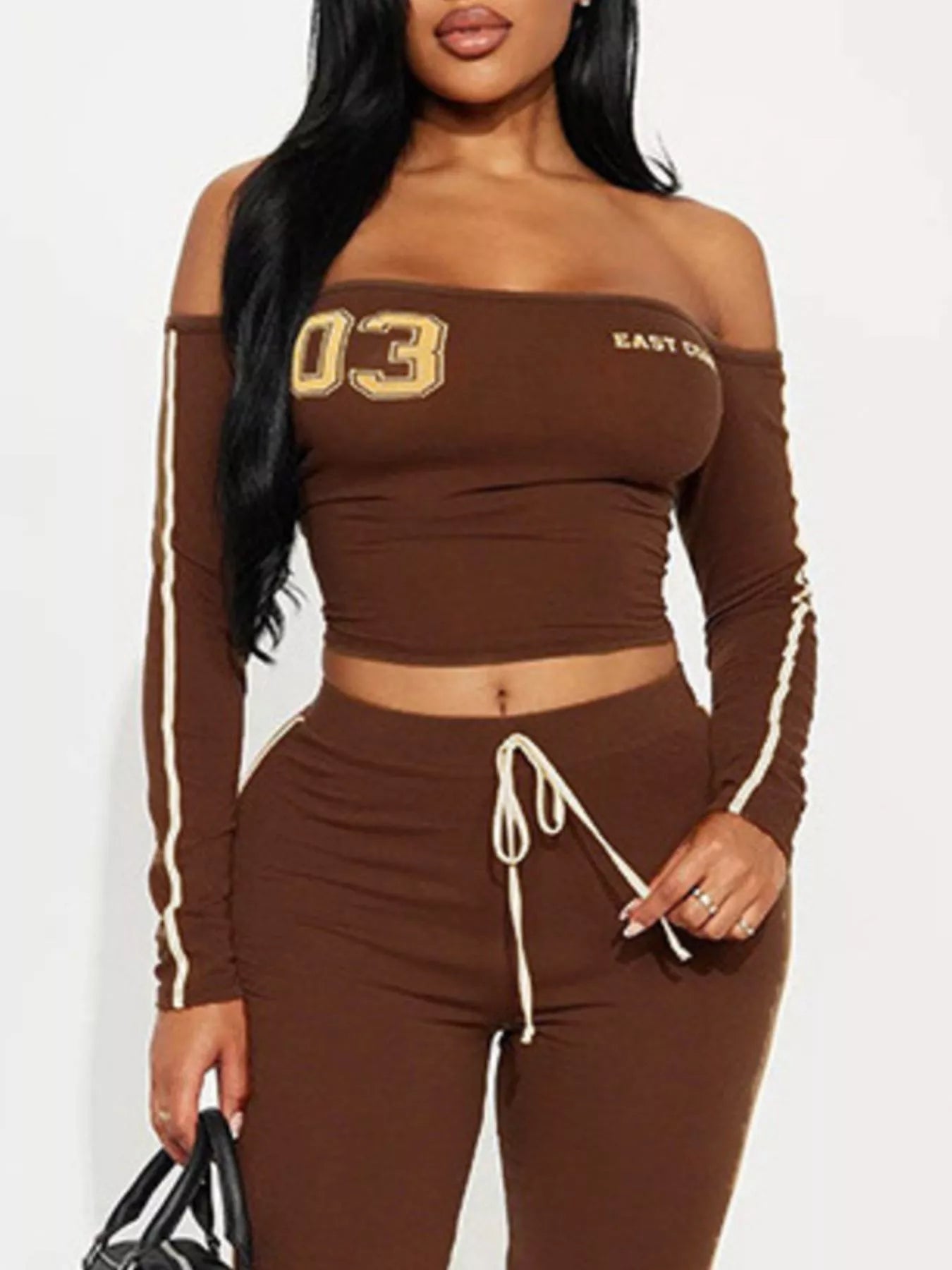 Trendsi Off-Shoulder Crop Top and Flare Pant Lounge Set -