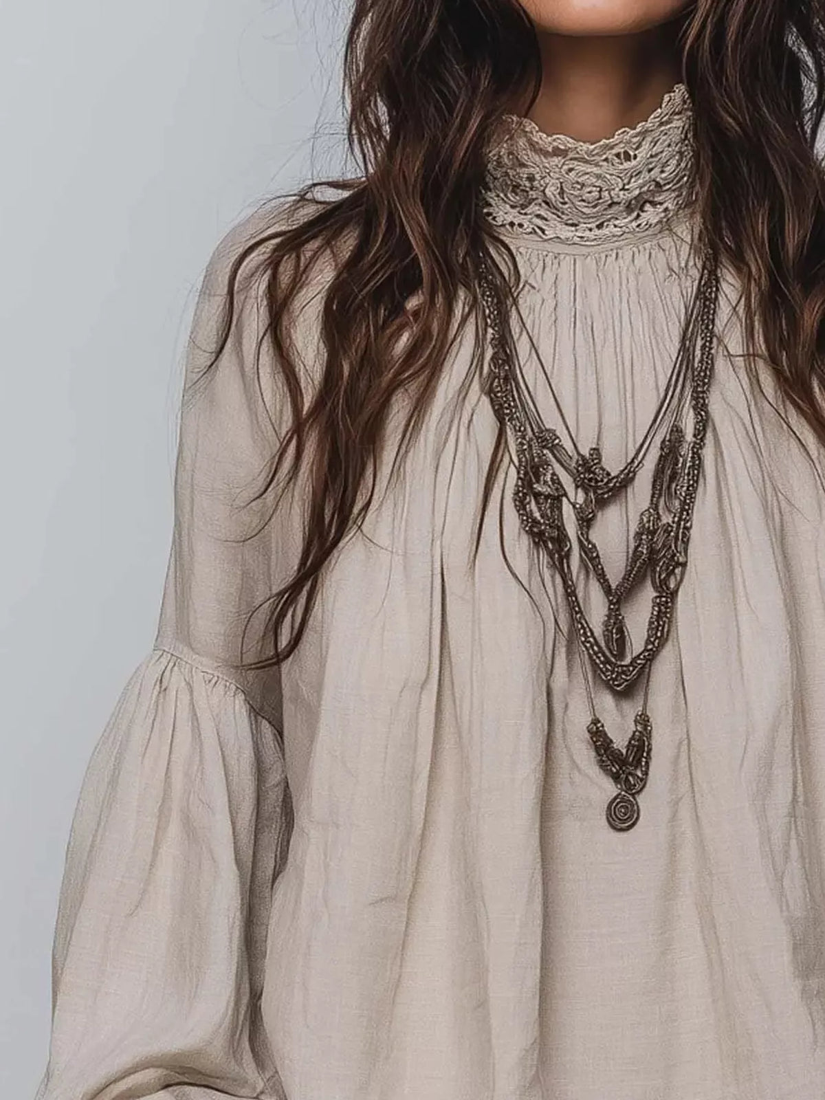 Oatmeal lace mock neck long sleeve blouse