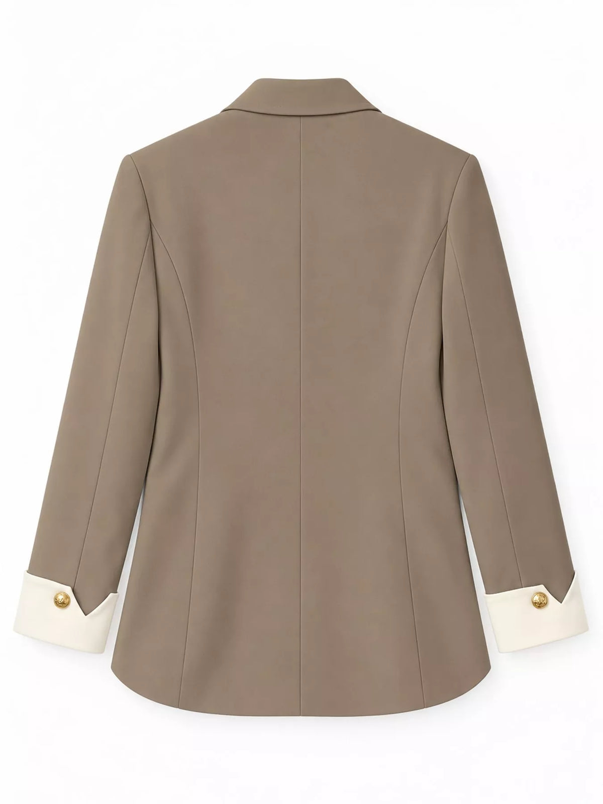 Taupe single-breasted blazer with gold-tone buttons, back view