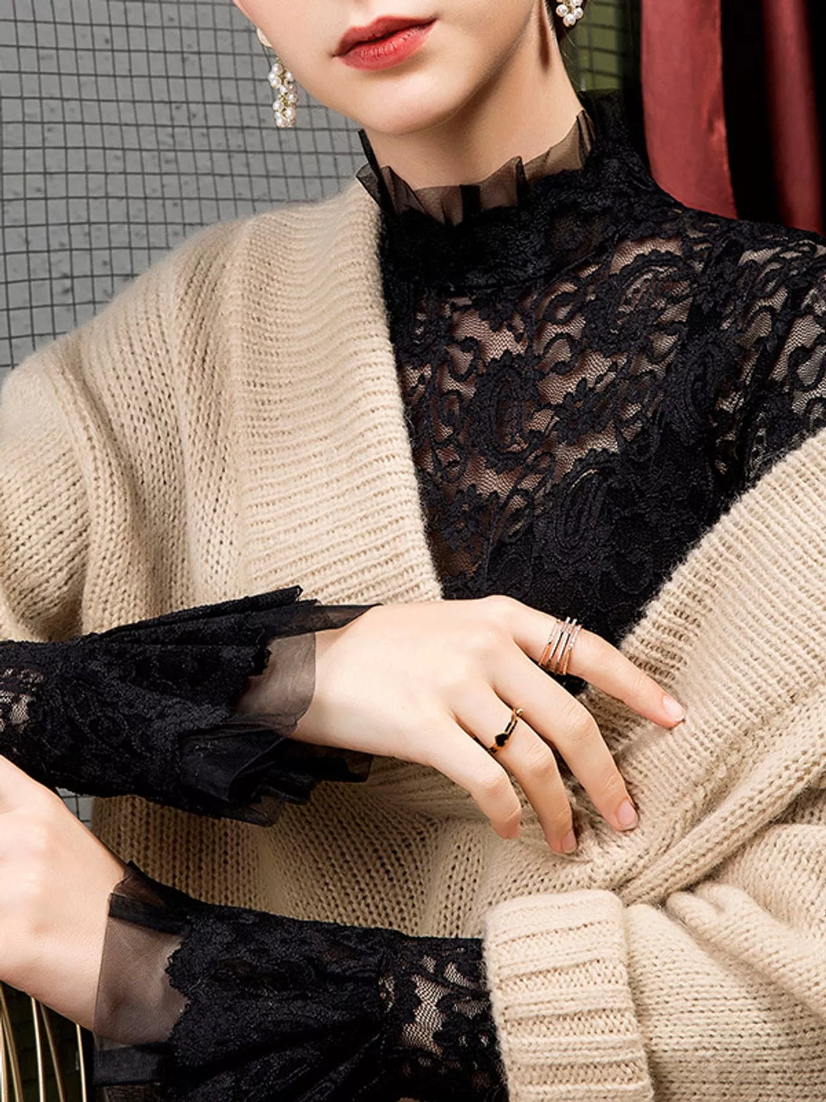 Black lace mock neck blouse