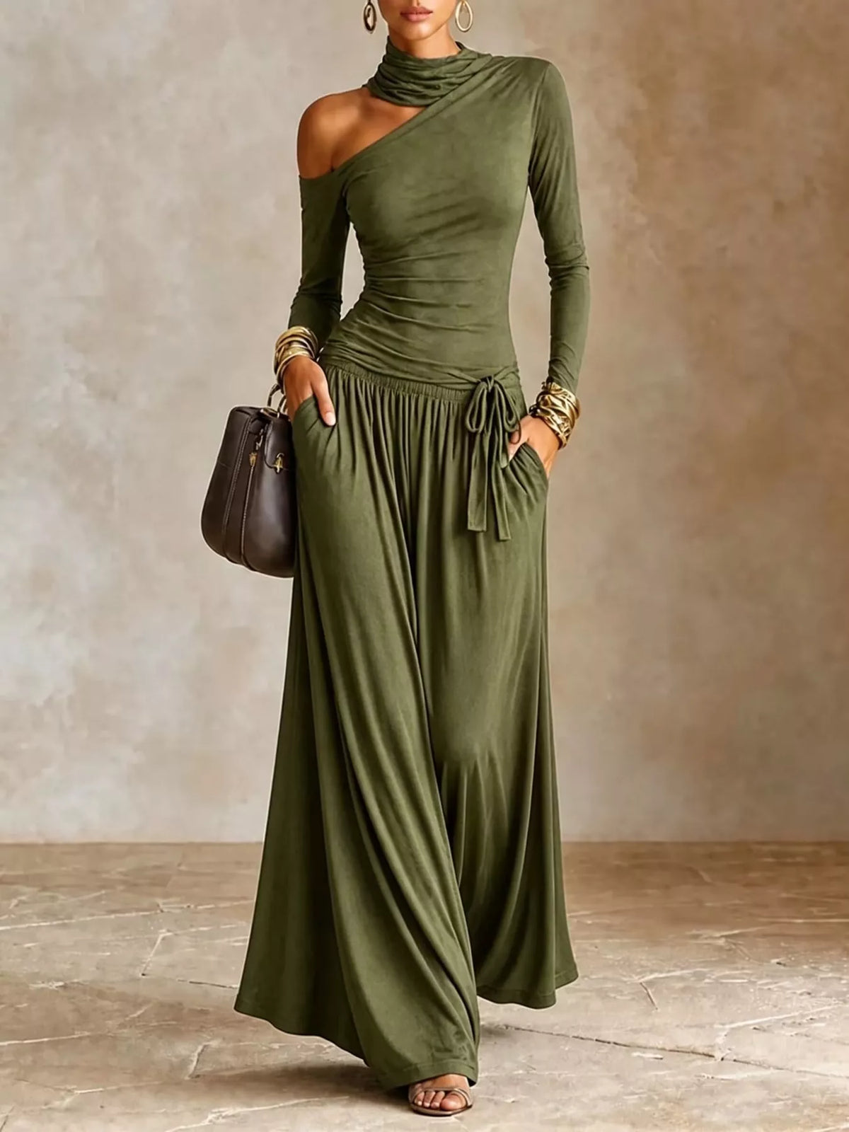 Olive asymmetric shoulder-cutout maxi dress with gathered skirt