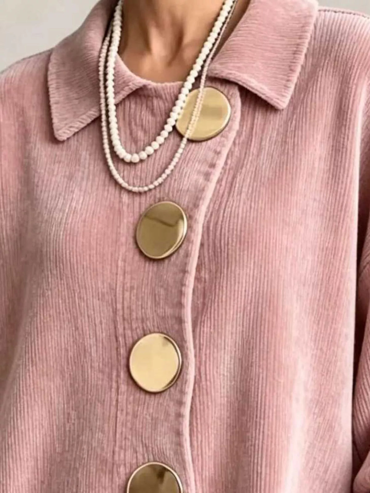 Women's Ribbed Knit Gold Buttons Cardigan in pink — collar detail view
