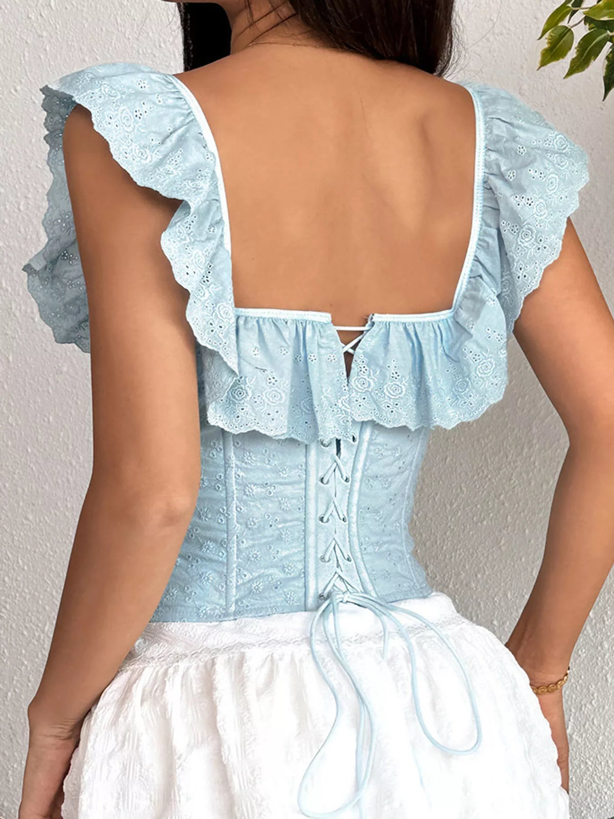 Eyelet corset top, blue lace up back