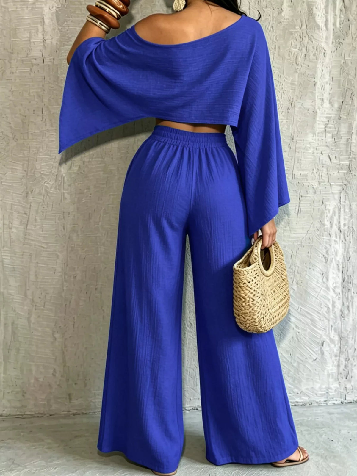Women's Boat Neck Crop Top and Wide-Leg Pants Set in blue — front view