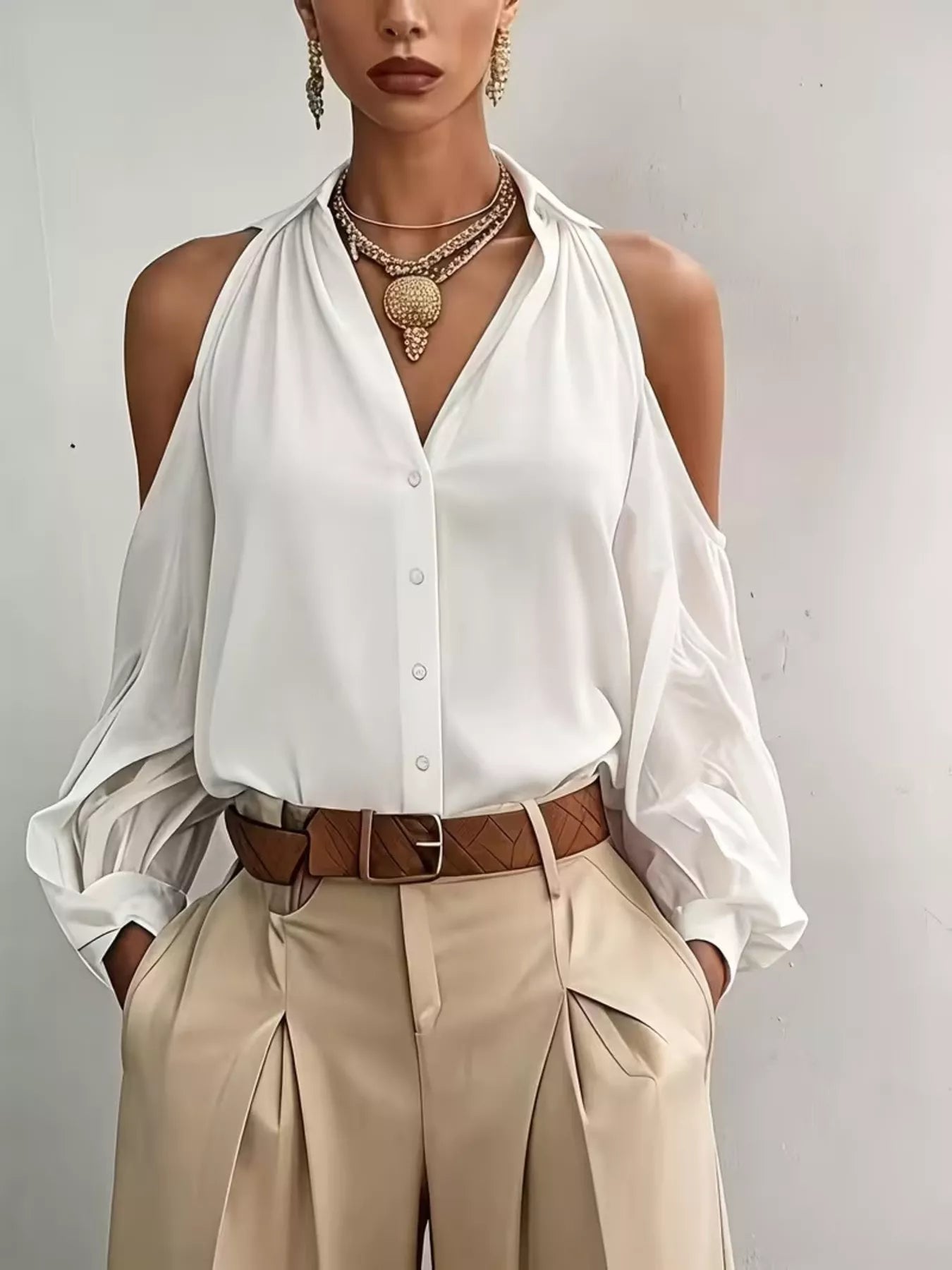 Trendsi Cold-Shoulder Button-Down Shirt -