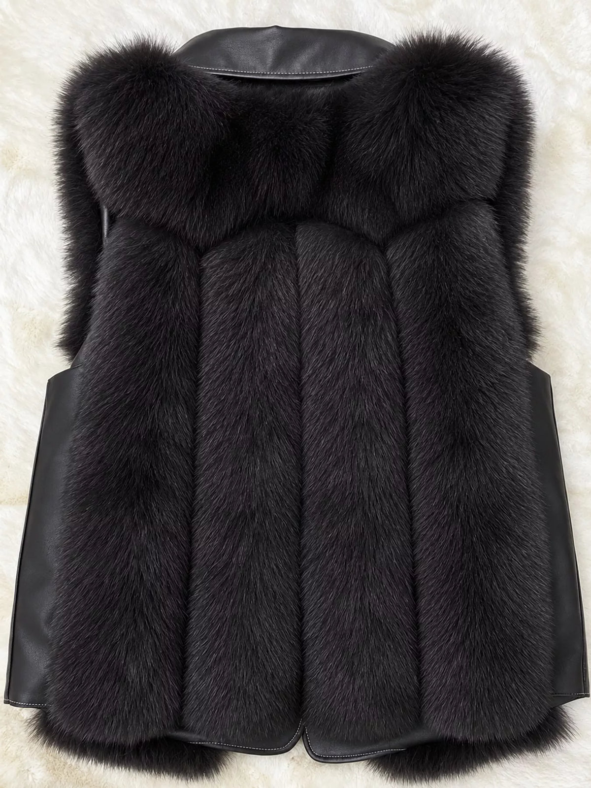Faux Fur Snap Down Vest Coat, back view in black