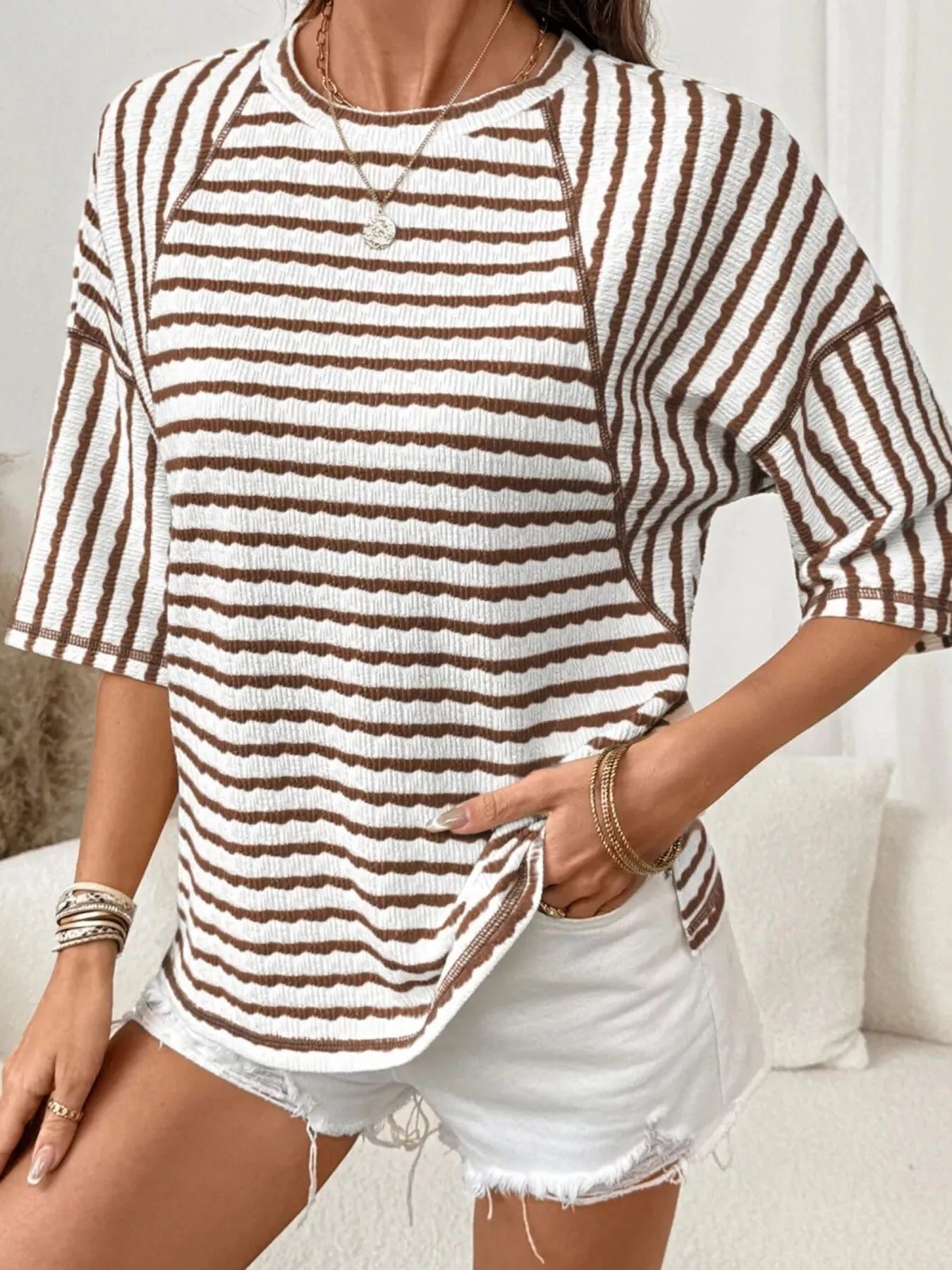Trendsi Casual Striped Raglan Sleeve Textured T-Shirt -