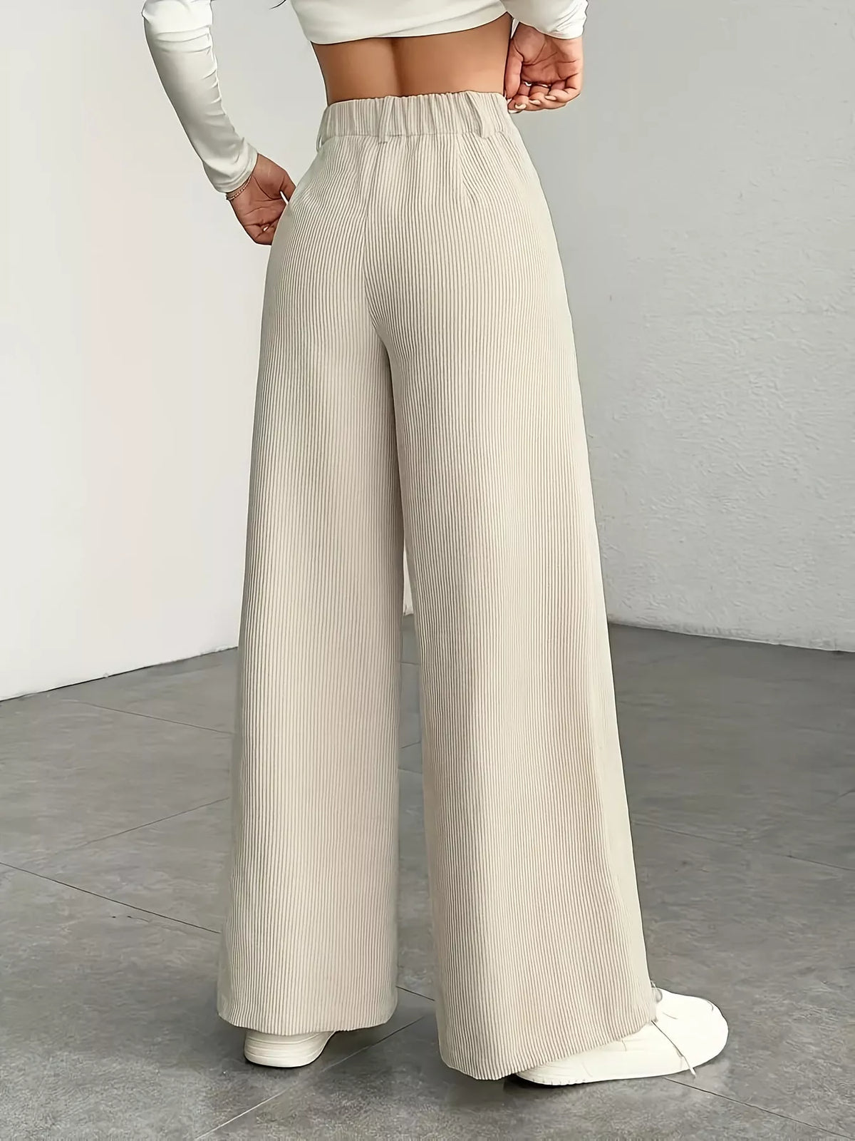 Apricot high-waisted wide-leg pants, back view