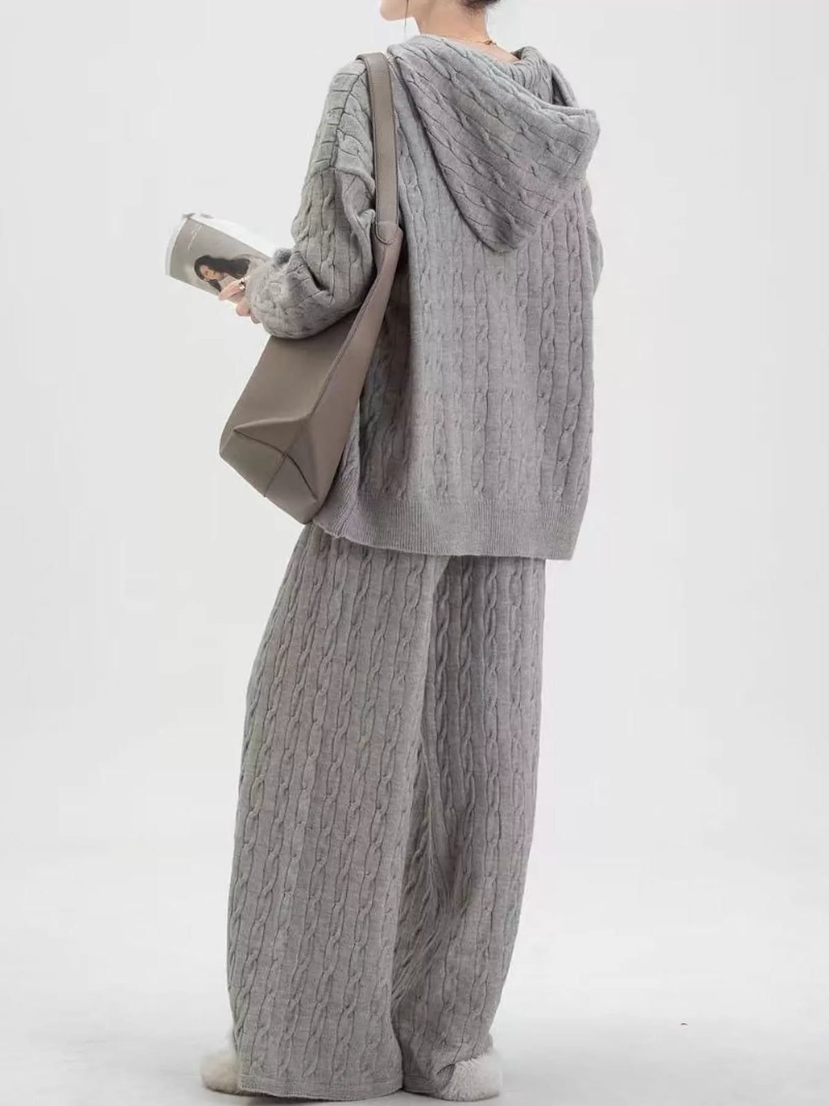 Cable-knit cardigan and pants set, light gray back