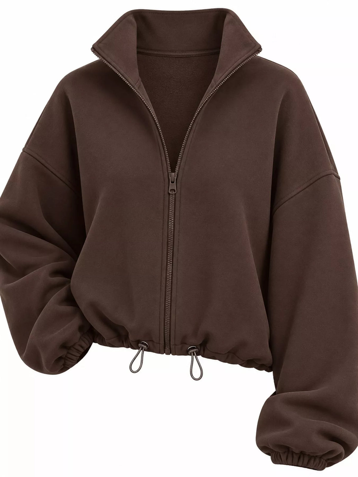 Brown drawstring hem zip-up jacket, zip front, gathered sleeves, and drawcord hem
