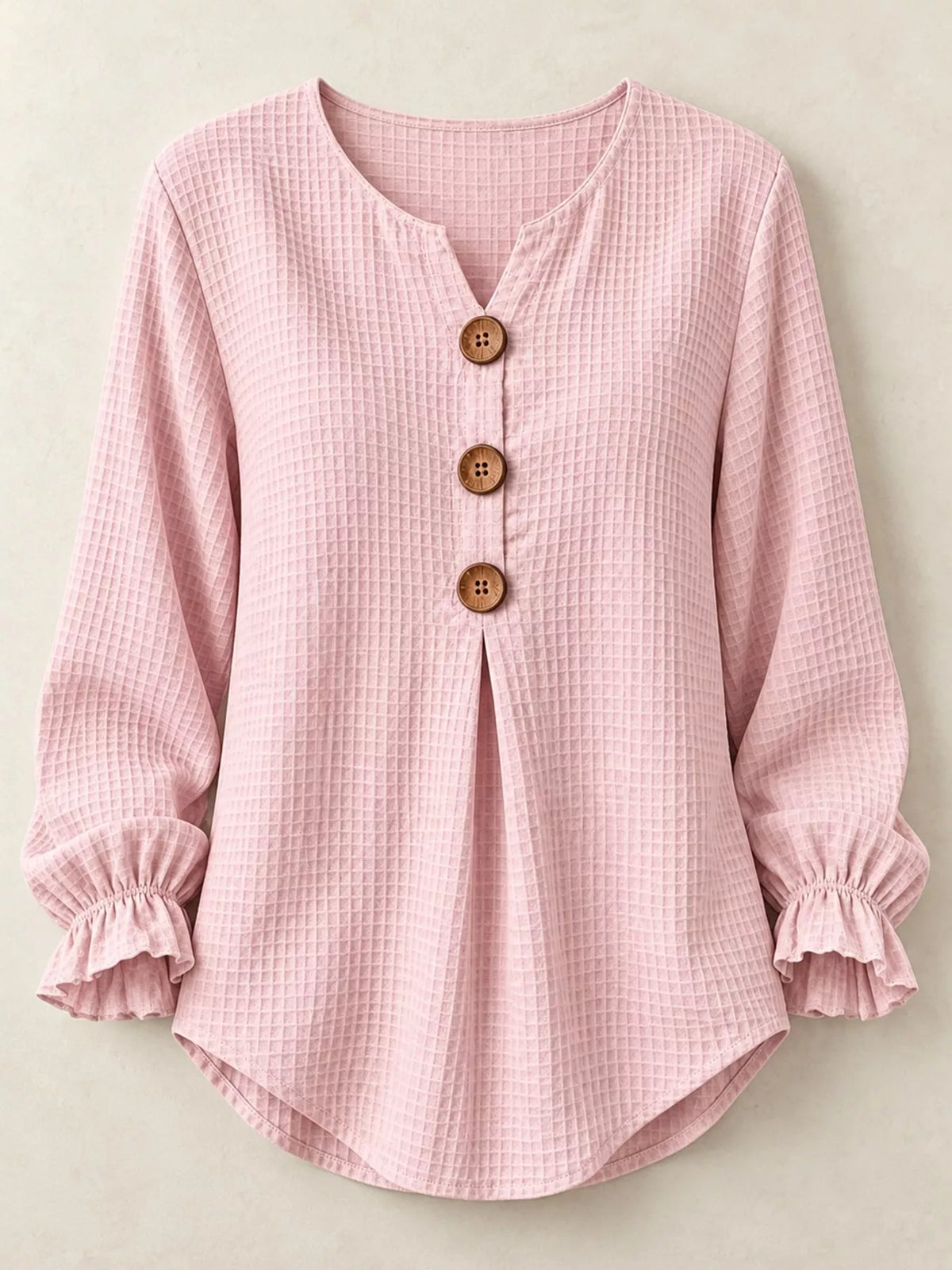 Women's Waffle Knit Flounce Sleeve Blouse in pink — flat lay view