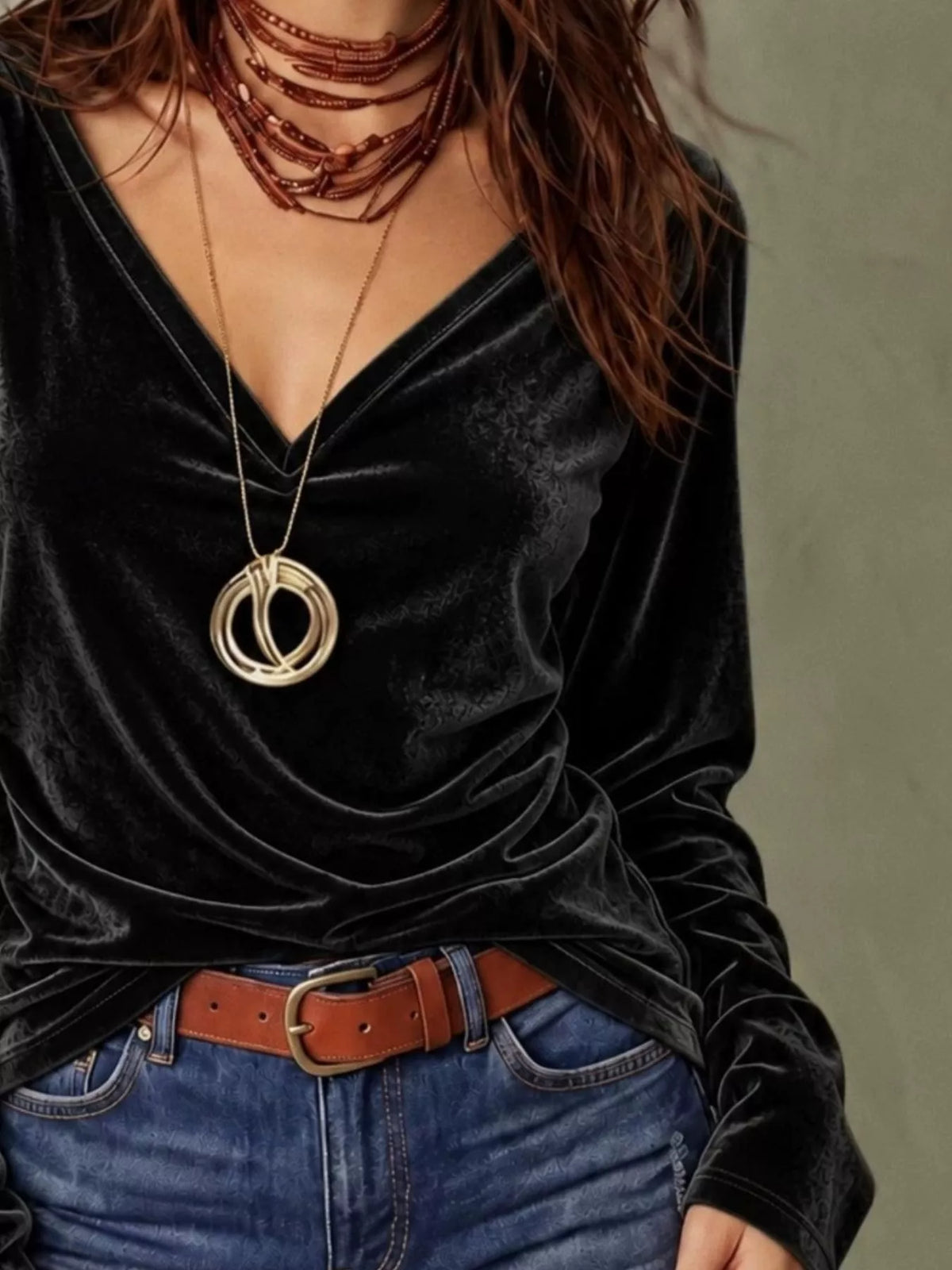 Women's V-Neck Long Sleeve Velvet Blouse in black — neckline detail view